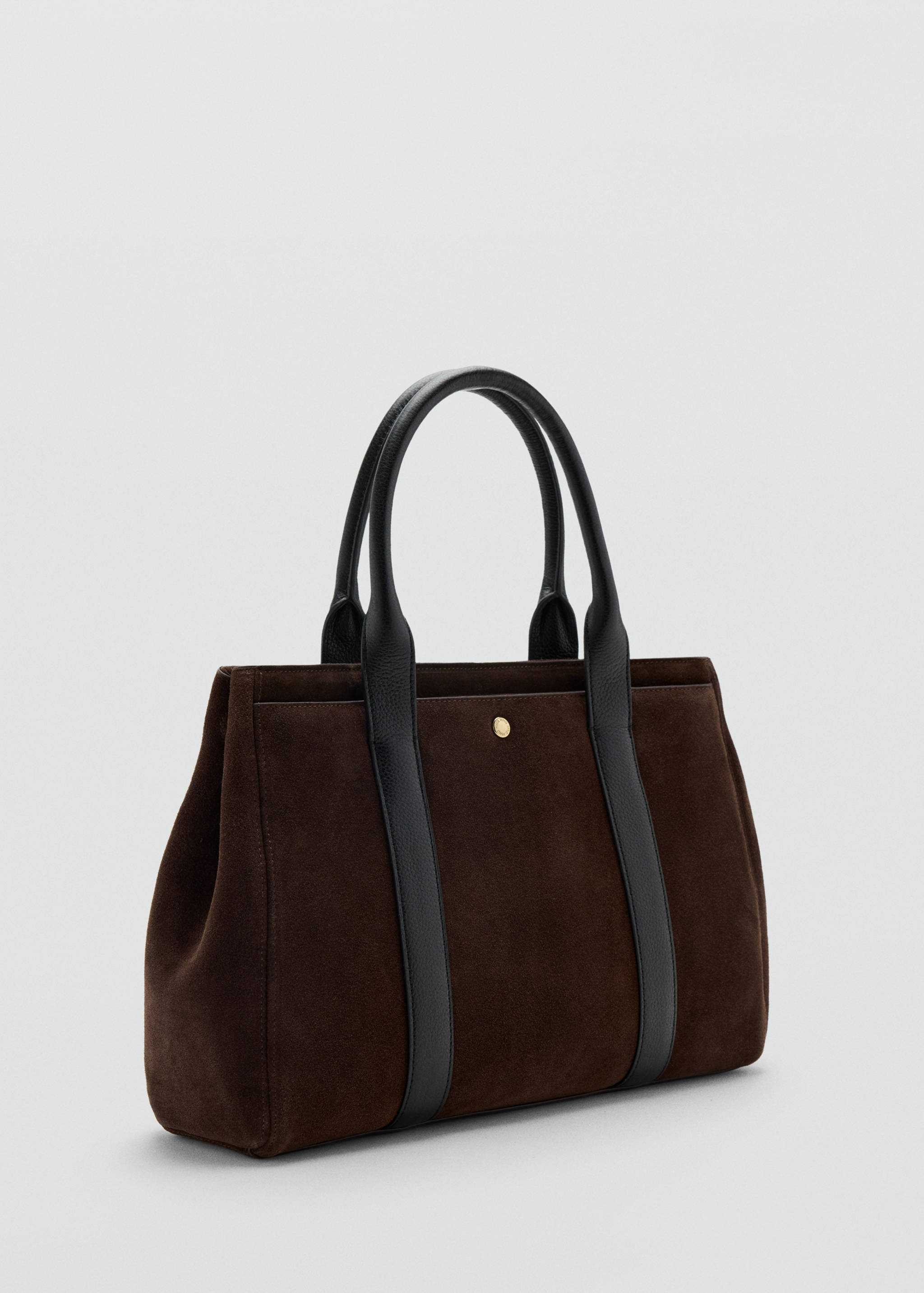 Dark brown suede city bag with black leather handles and trim.