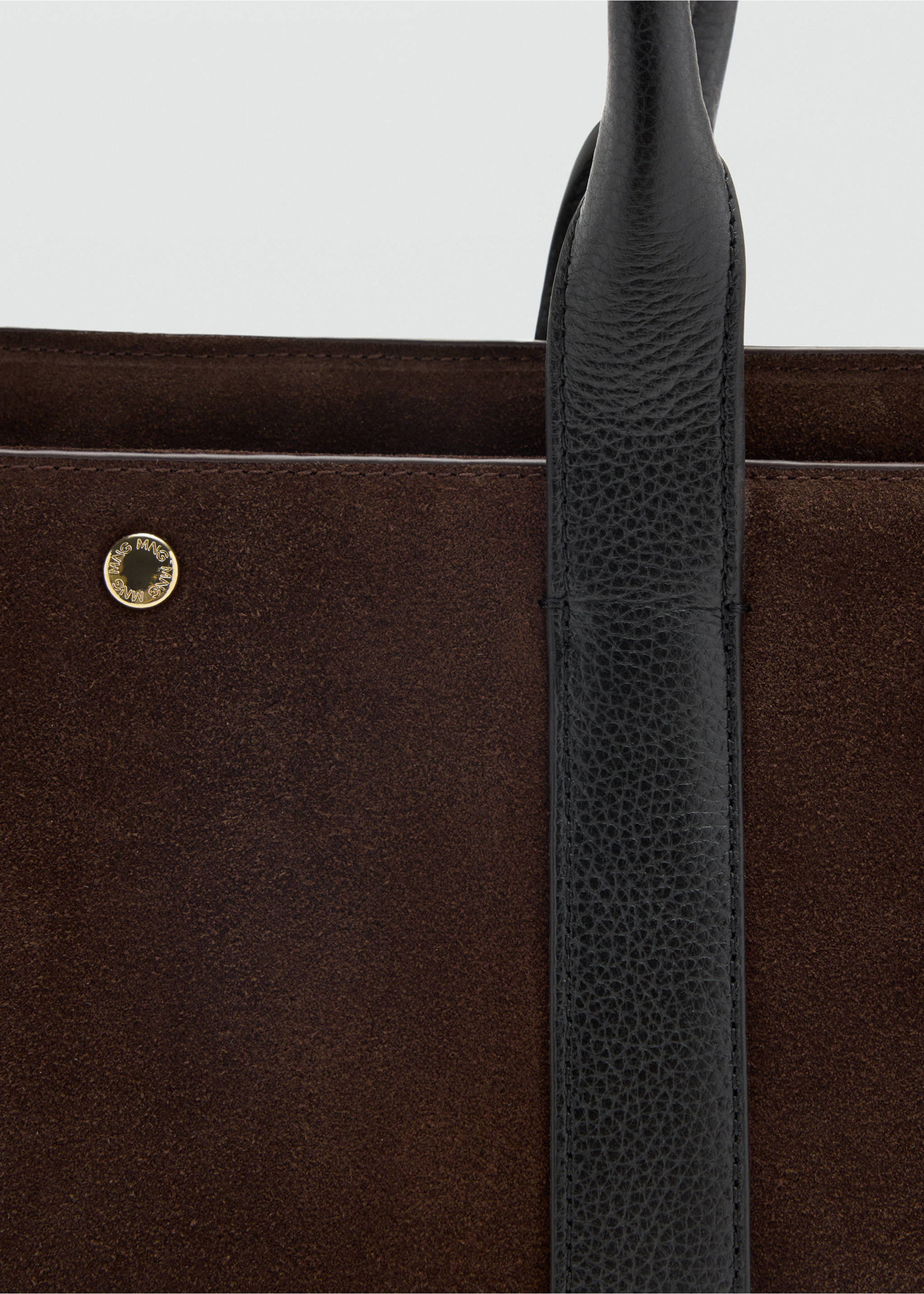 Dark brown suede city bag detail with black leather handles., Chocolate. Ref: 47011356-00.