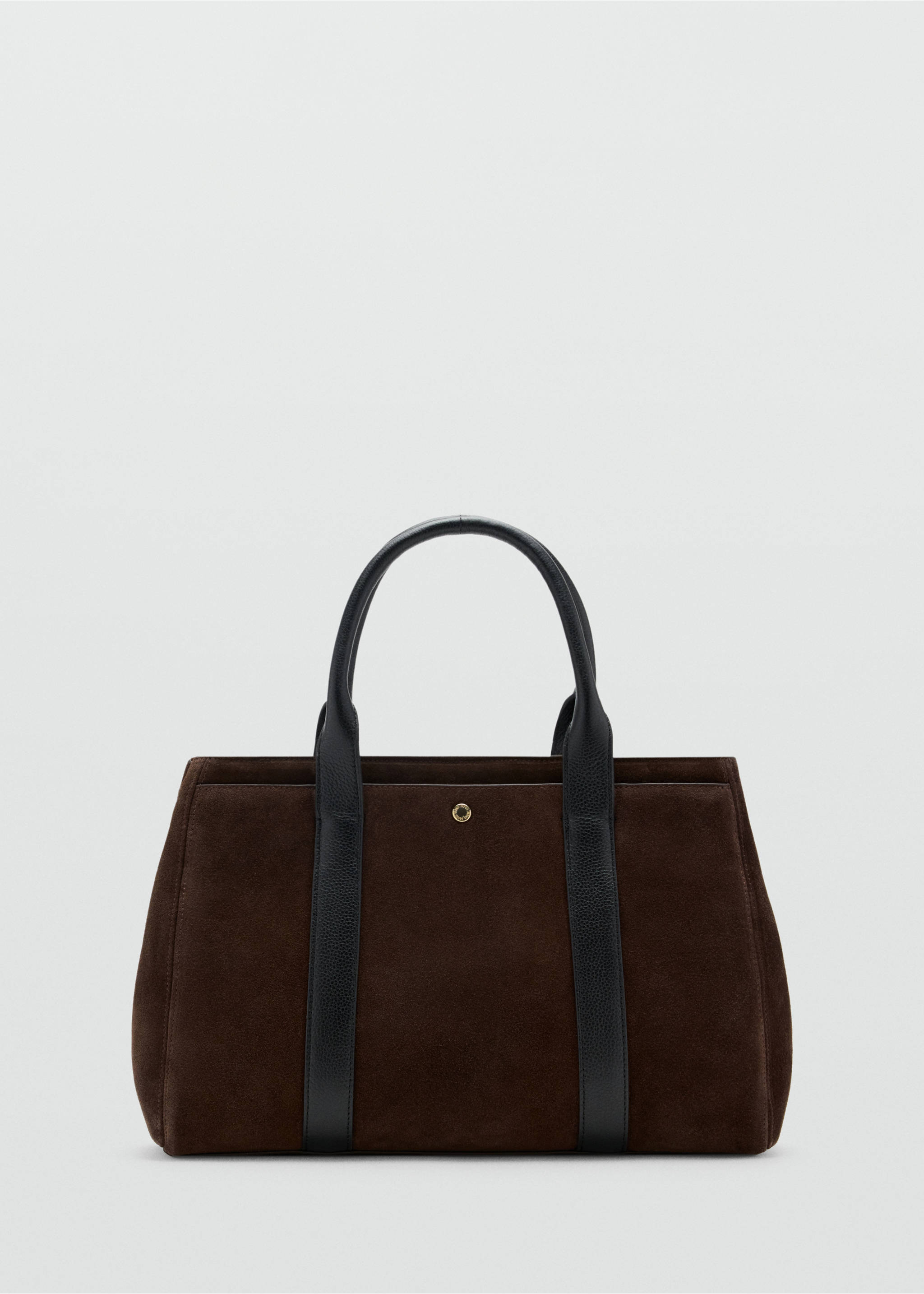Dark brown suede city bag with black leather handles and vertical trim., Chocolate. Ref: 47011356-00.