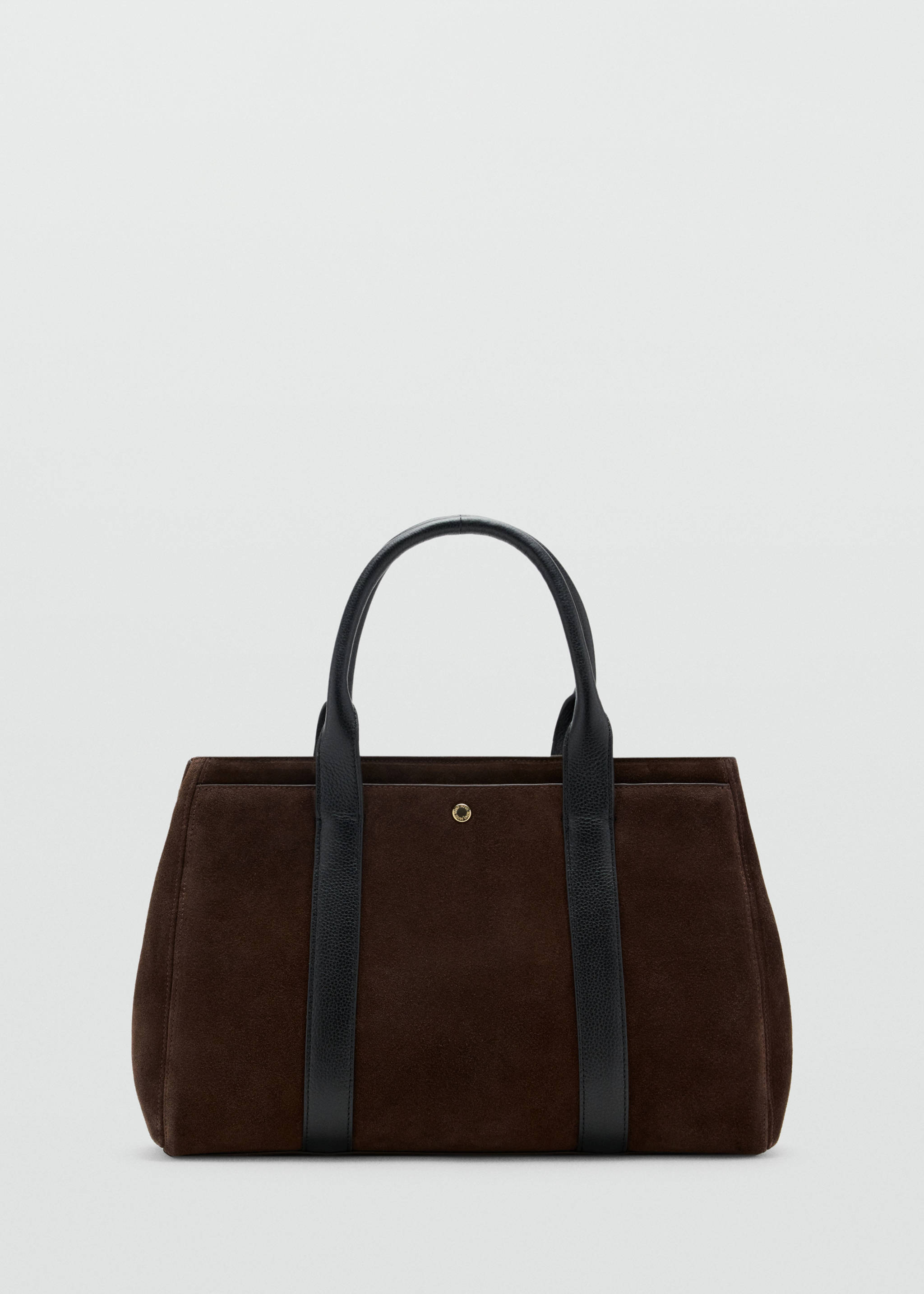 Dark brown suede city bag with black leather handles and vertical trim.