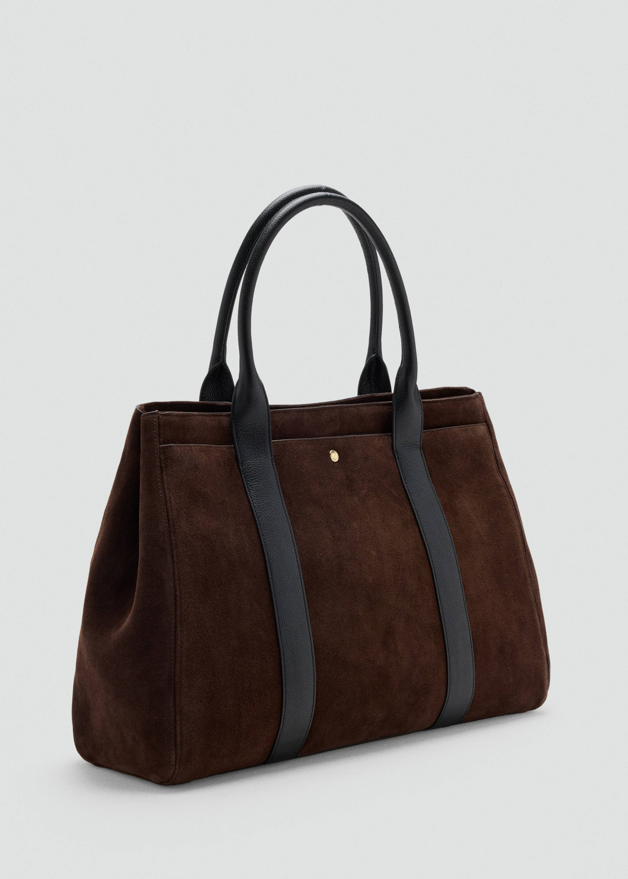 Dark brown suede city bag with black leather handles and trim.