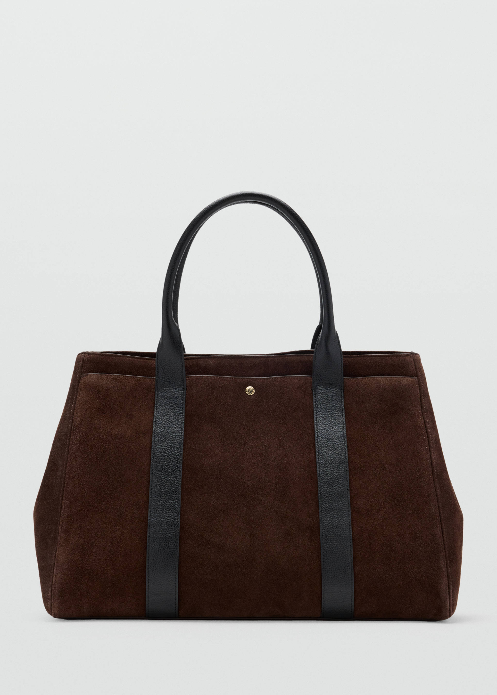 Brown suede city bag with black leather handles and trim.