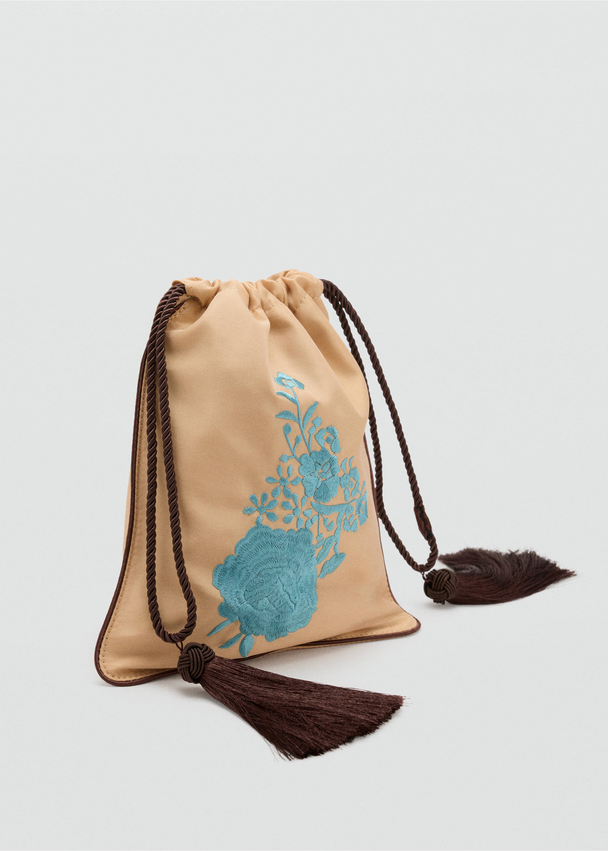Beige drawstring handbag with turquoise floral embroidery and dark brown tassels., Pastel Yellow. Ref: 47011359-00.