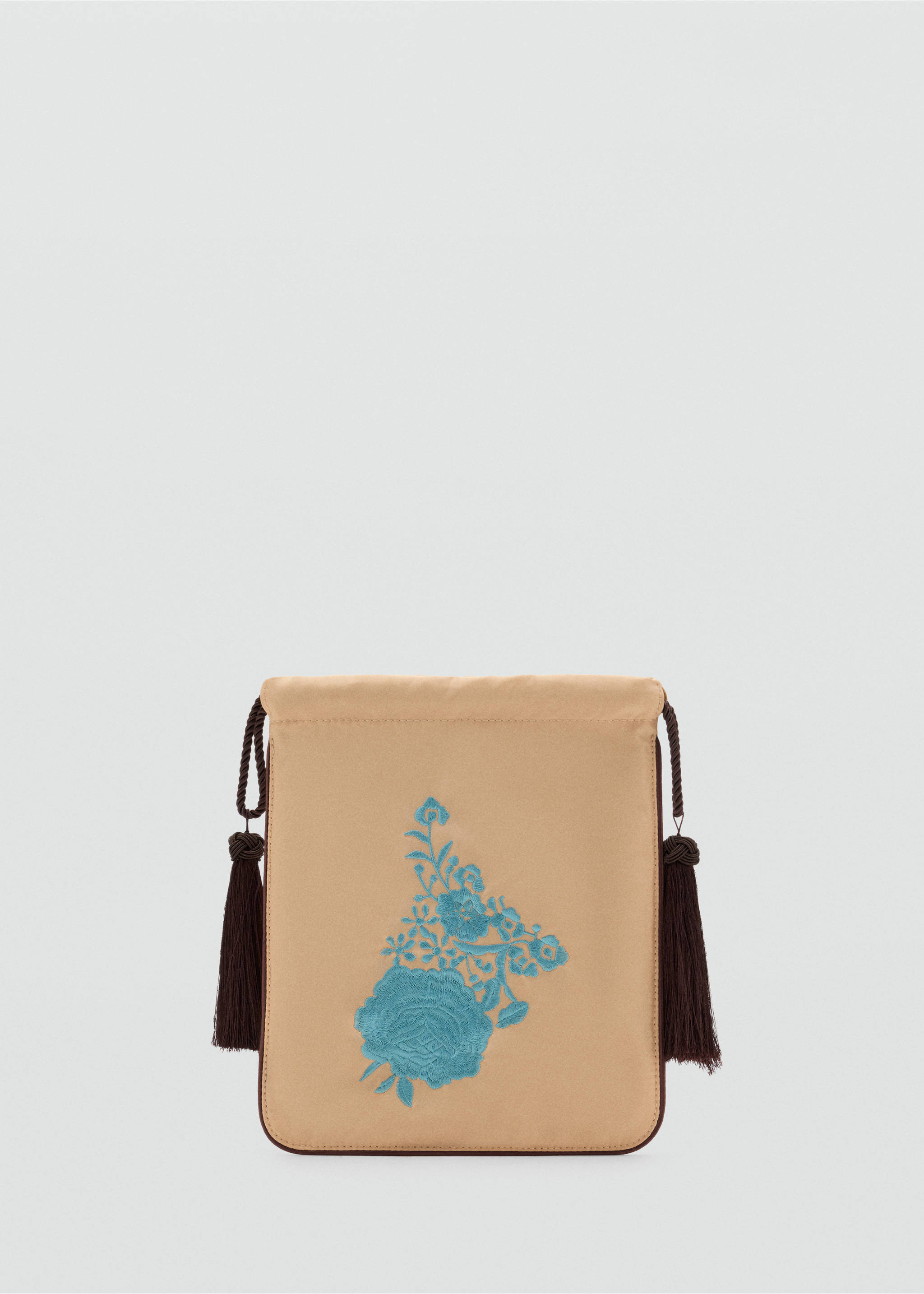 Beige handbag with turquoise floral embroidery and brown tassels., Pastel Yellow. Ref: 47011359-00.