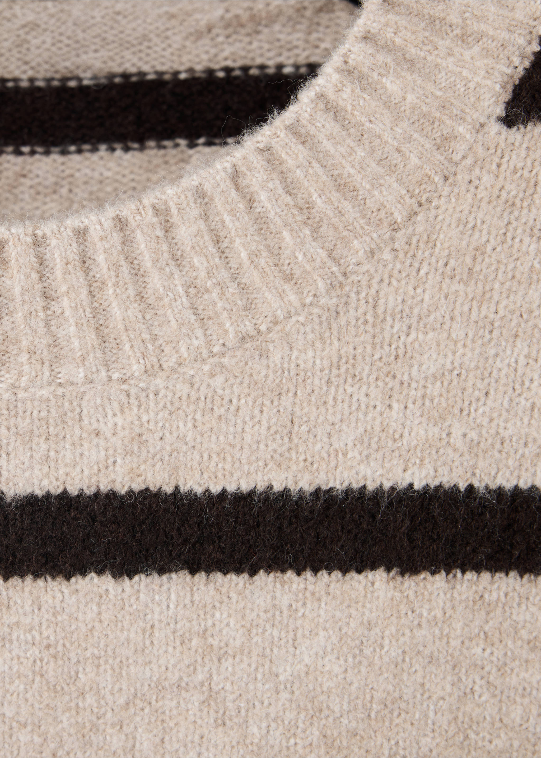 Close-up of a beige and dark brown striped knitted crew-neck jersey., Light/Pastel Grey. Ref: 47011367-00.
