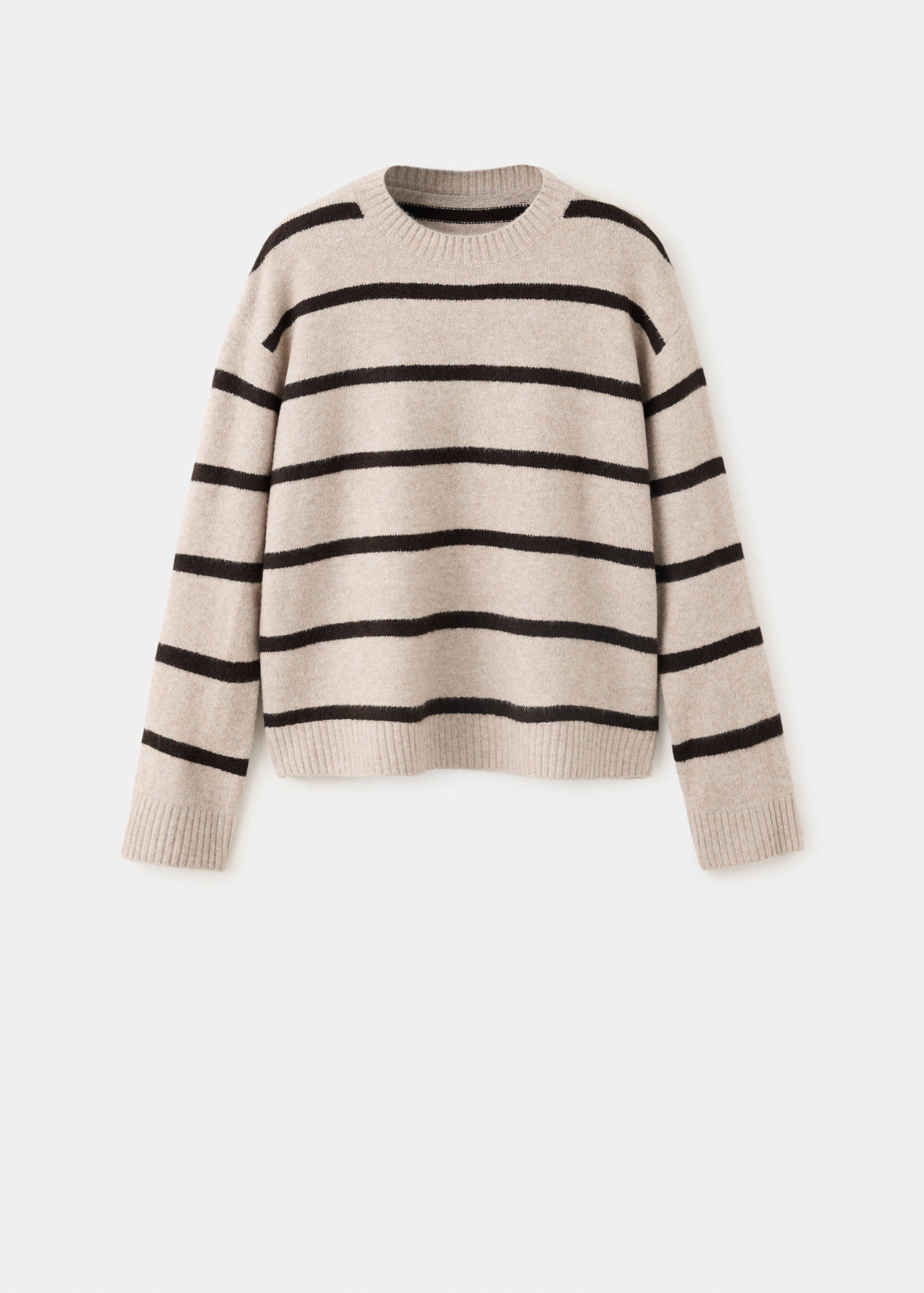 Striped knitted crew neck sweater in cream and black.