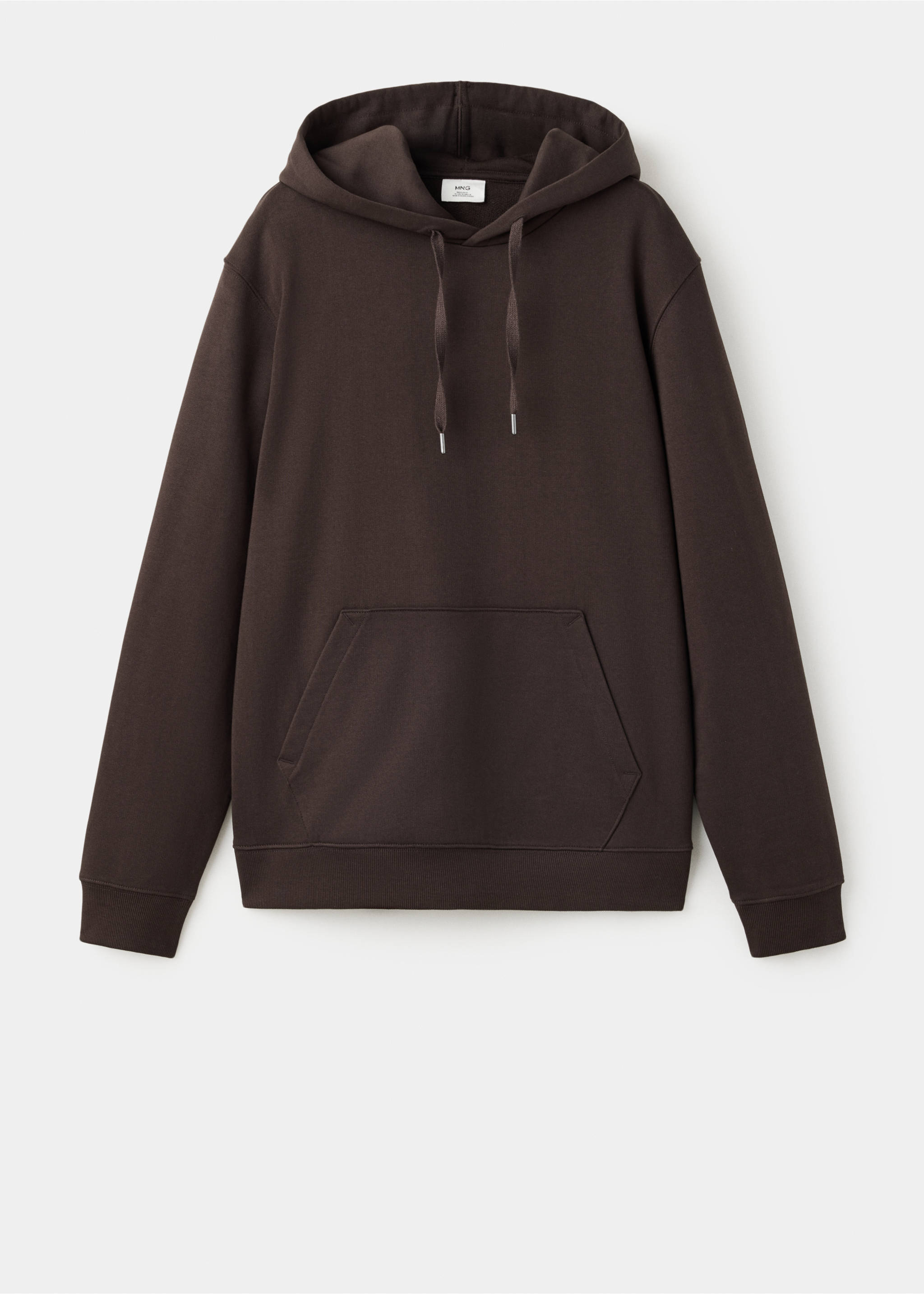 Dark brown hoodie with an adjustable drawstring hood, kangaroo pocket, and ribbed trims., Chocolate. Ref: 47011415-00.