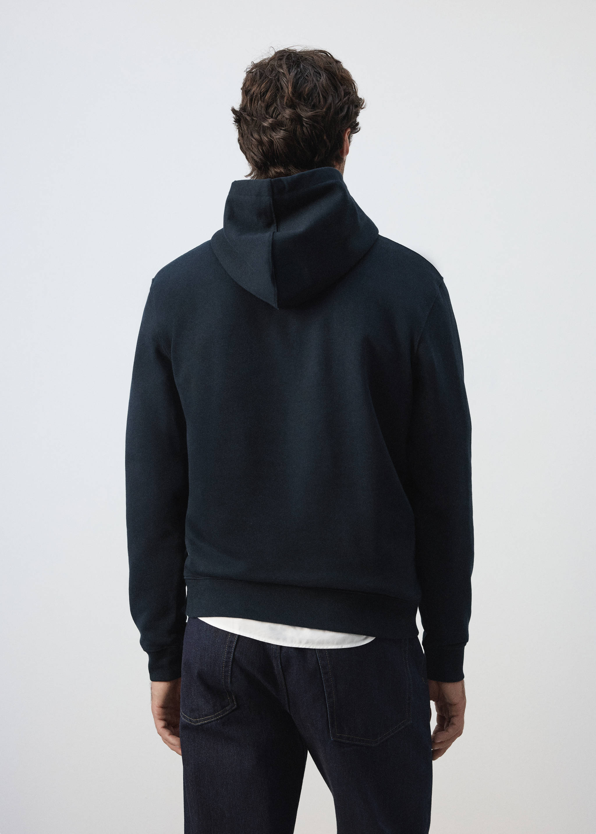 Navy blue hooded sweatshirt, back view