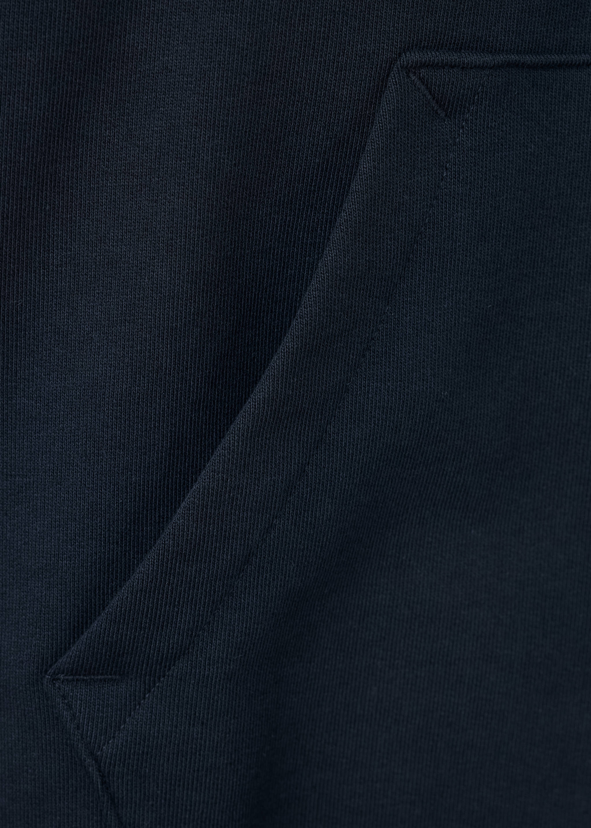 Close-up of the front pocket detail on a navy blue sweatshirt.