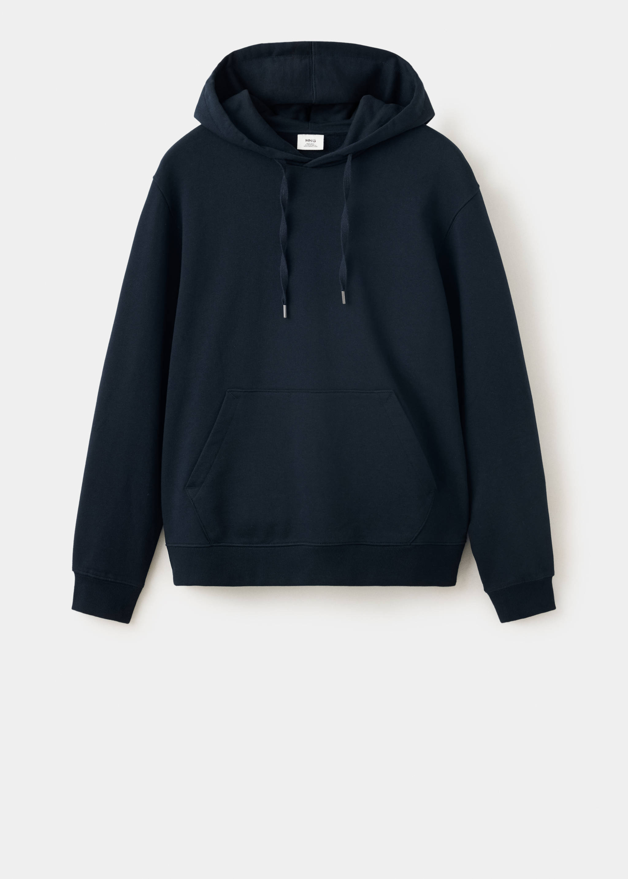 Navy blue hooded sweatshirt with a kangaroo pocket and ribbed trims.