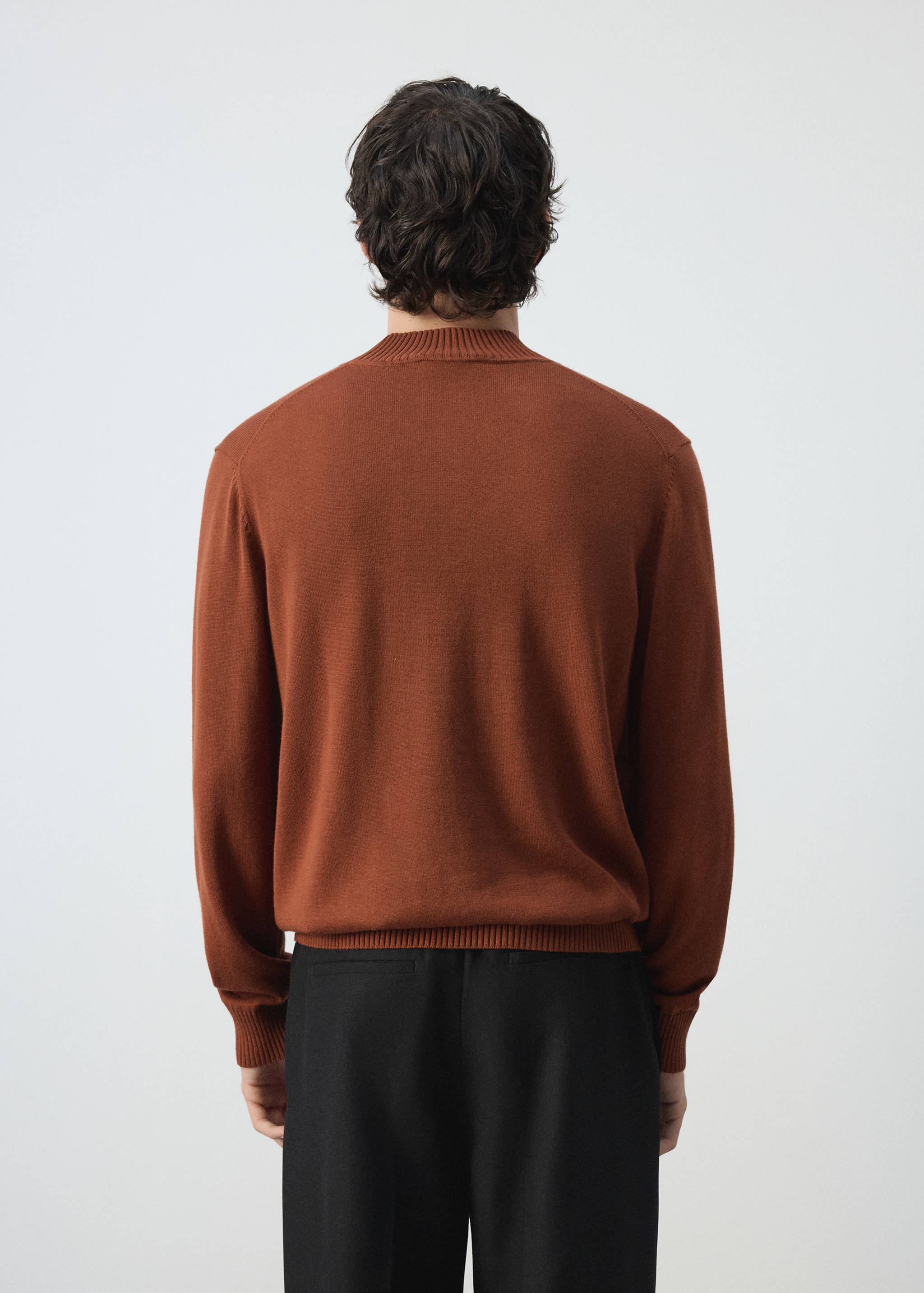 Rust-brown knit jersey with a ribbed mock neck, shown from the back.