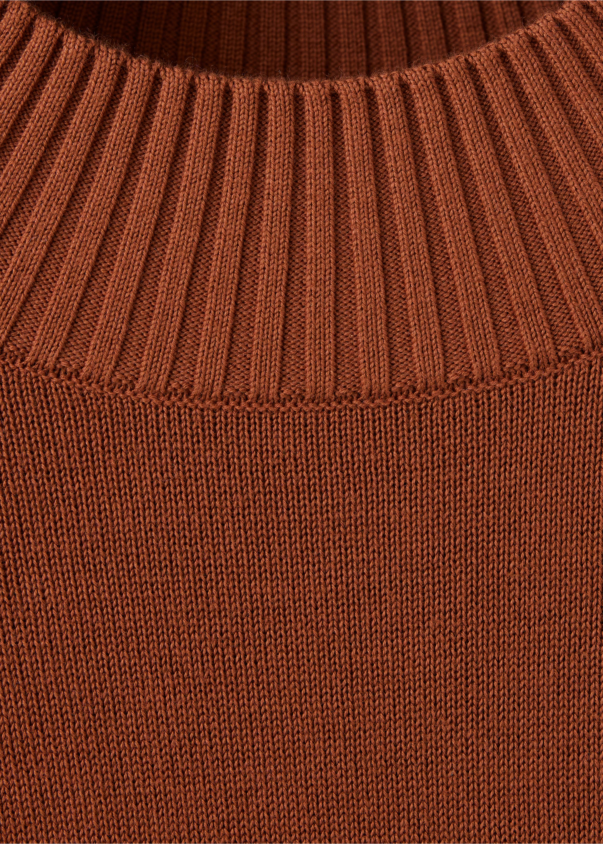 Brown men's jersey featuring a thick ribbed knit collar and fine-knit body., Russet. Ref: 47021335-00.