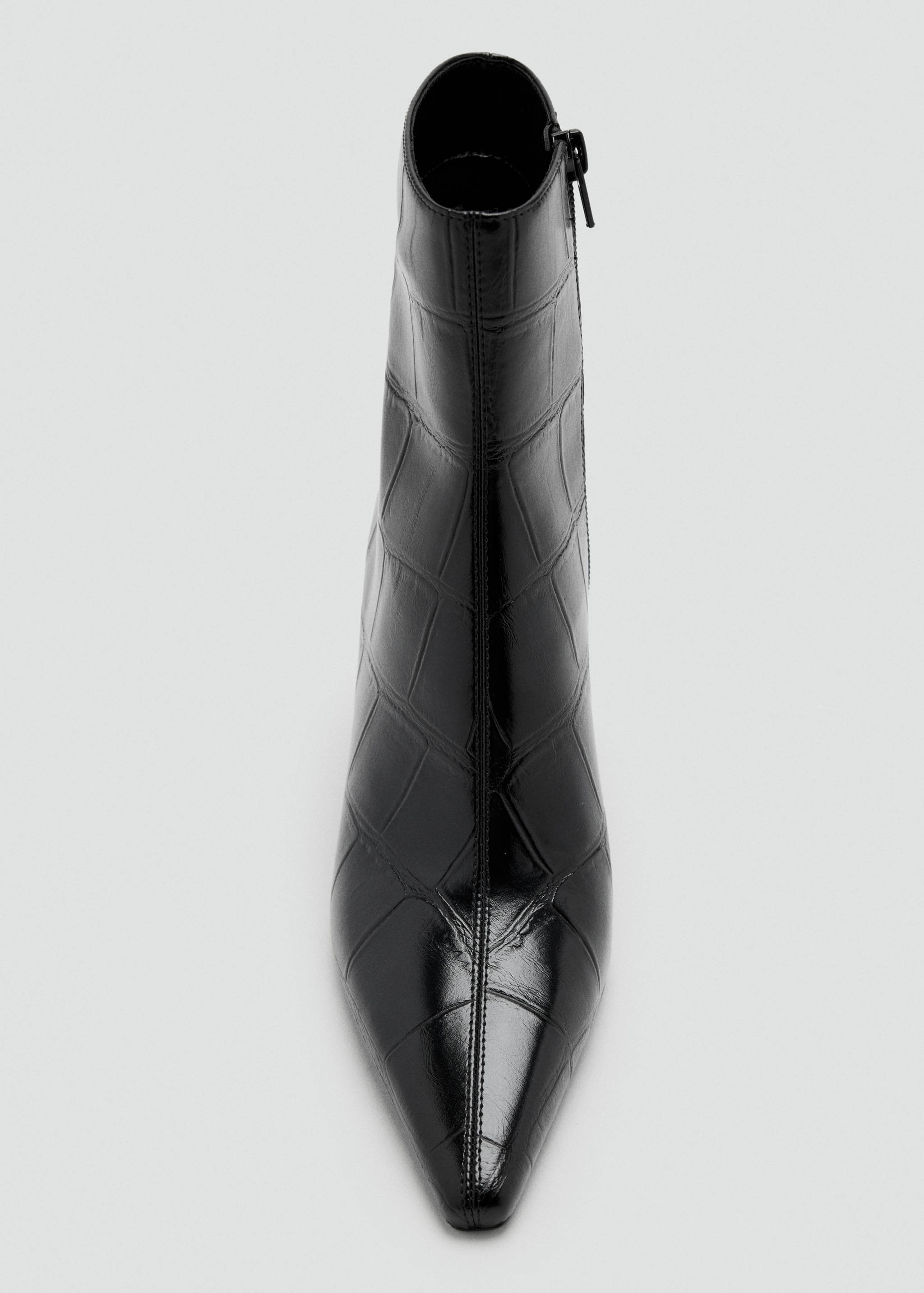 Black glossy crocodile-effect ankle boot with a pointed toe.