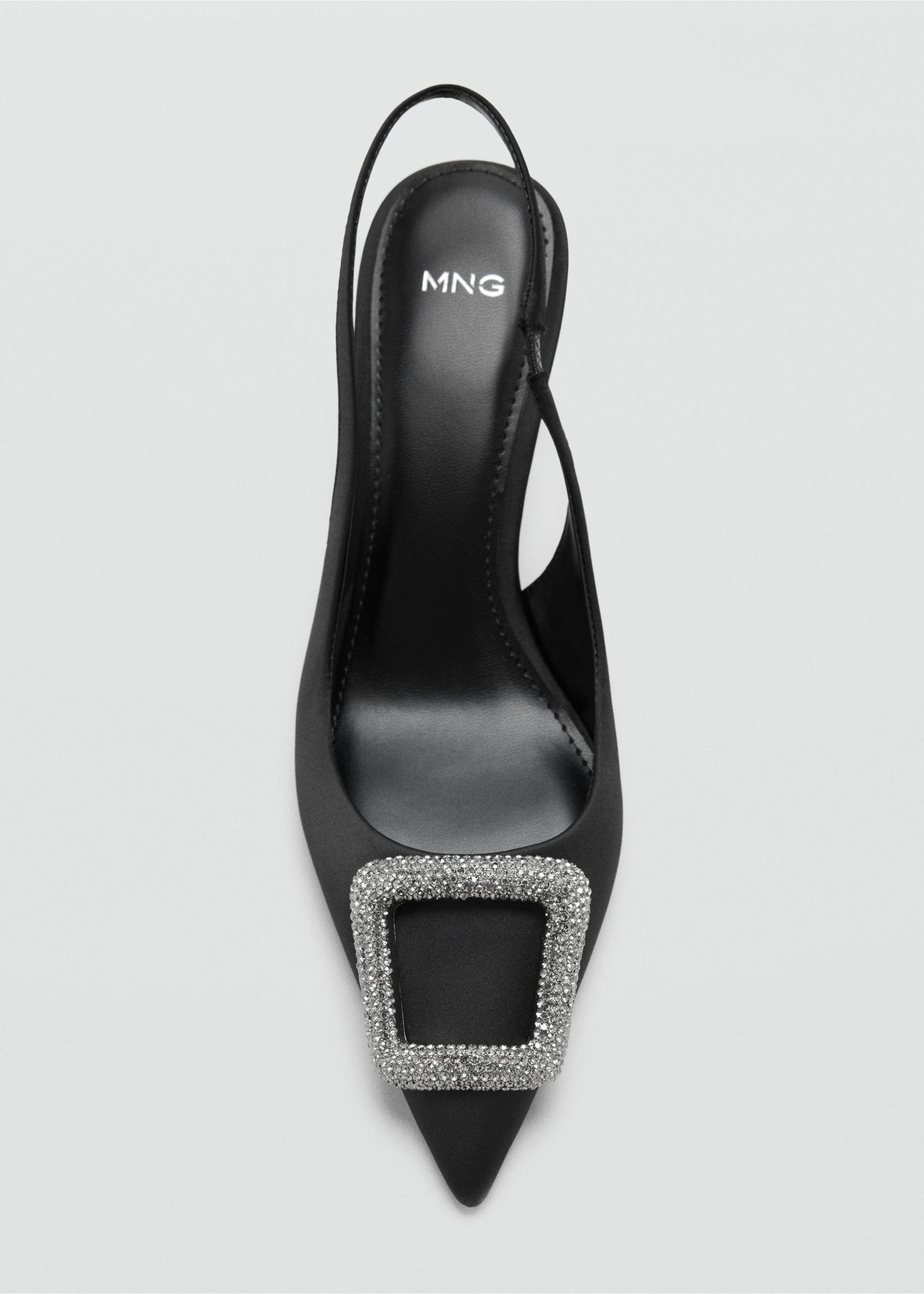 Black slingback shoe with a pointed toe and crystal-embellished square buckle., Black. Ref: 47021353-00.