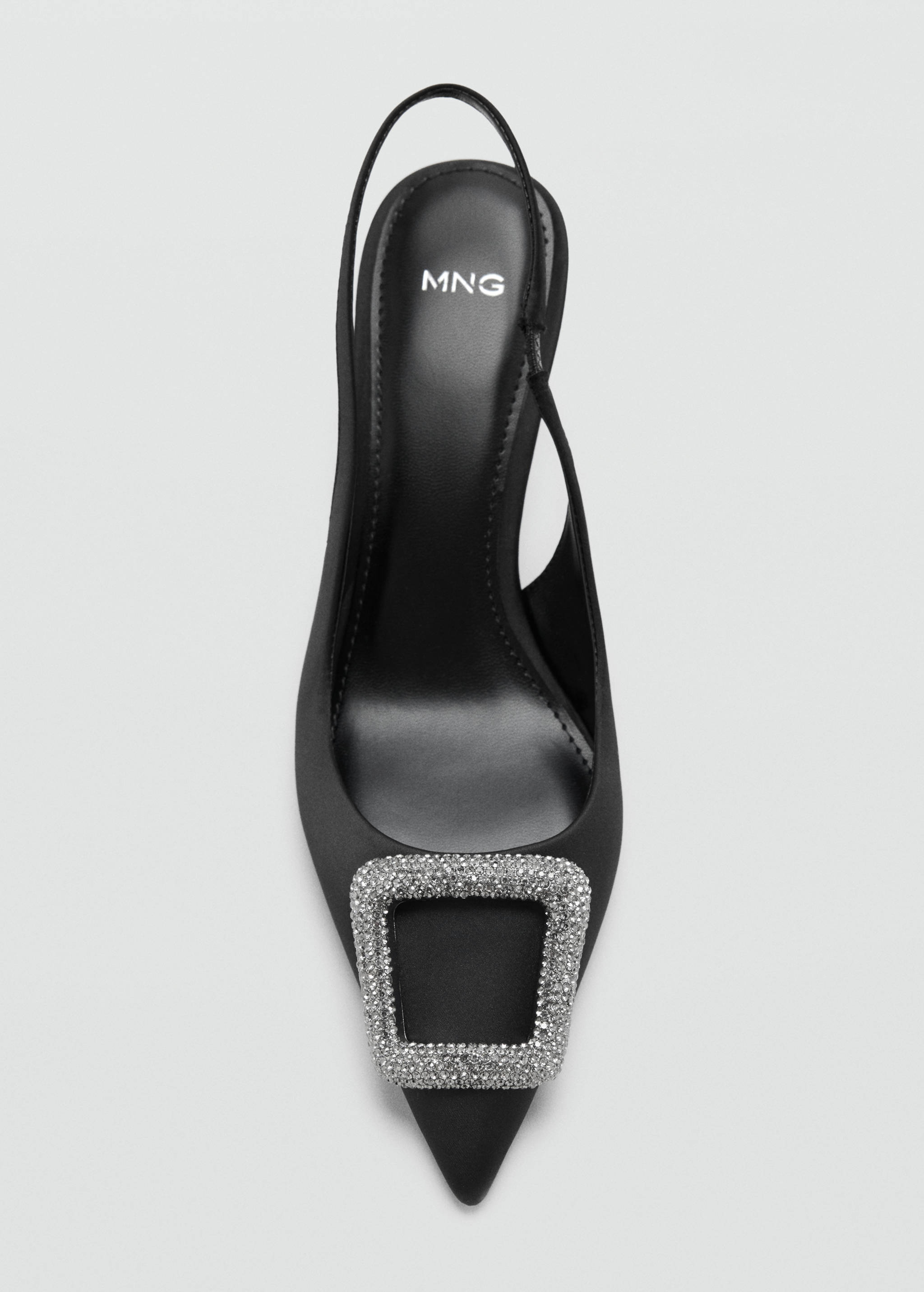 Black slingback shoe with a pointed toe and crystal-embellished square buckle.
