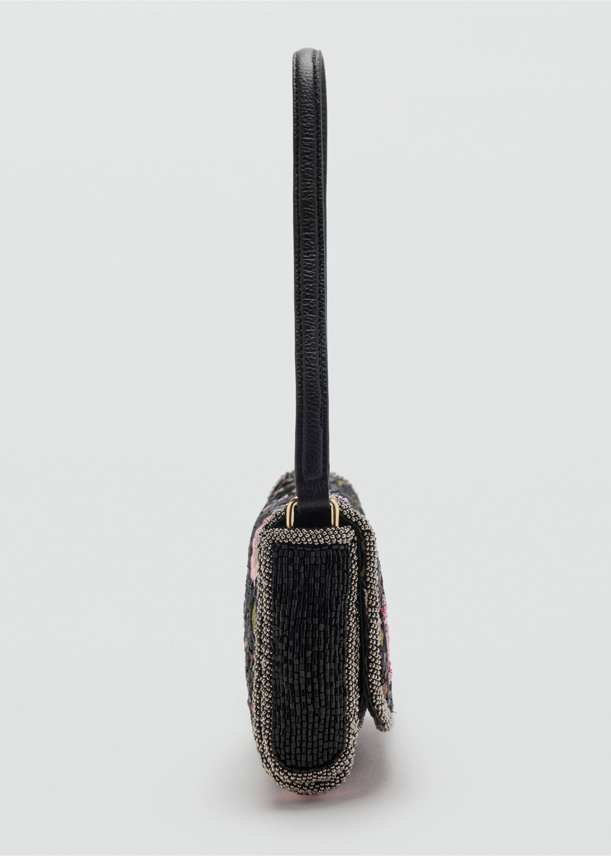 Close-up of a black beaded shoulder bag with floral pattern and side view., Black. Ref: 47021354-00.
