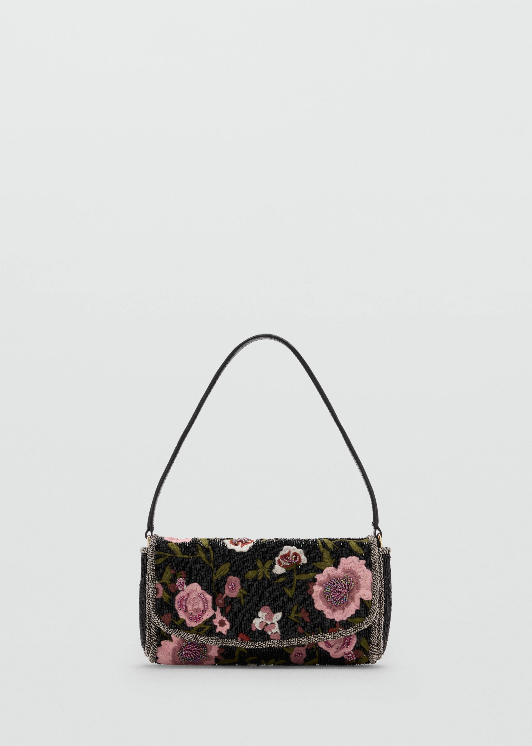 Black beaded floral shoulder bag with pink and white flowers and a thin strap., Black. Ref: 47021354-00.