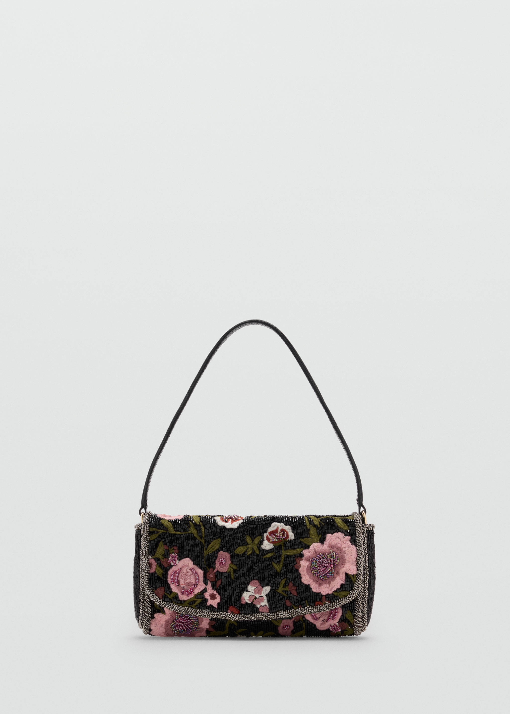 Black beaded floral shoulder bag with pink and white flowers and a thin strap.