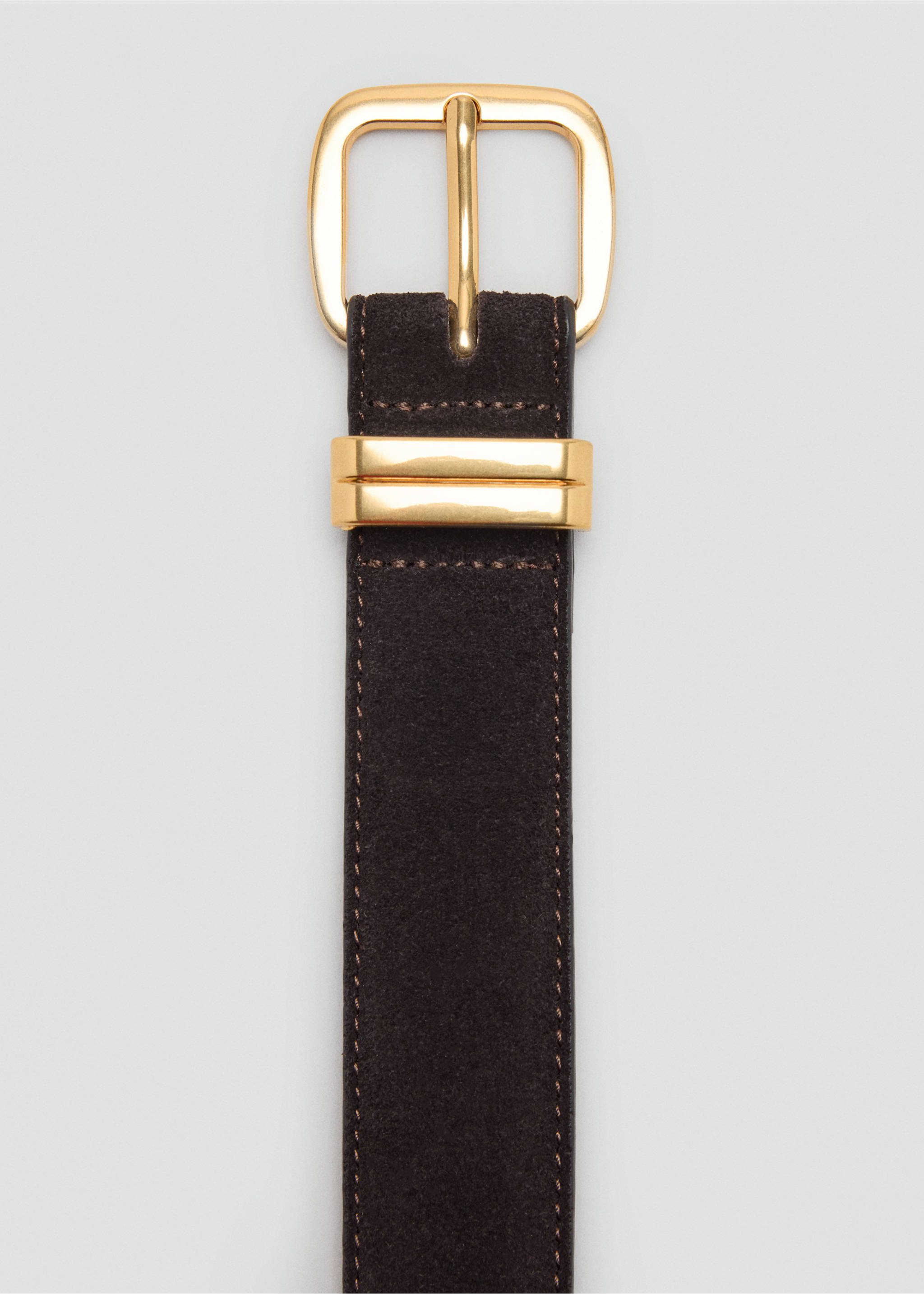 Dark brown suede belt with a polished gold-tone square buckle and metal keeper., Chocolate. Ref: 47021358-00.