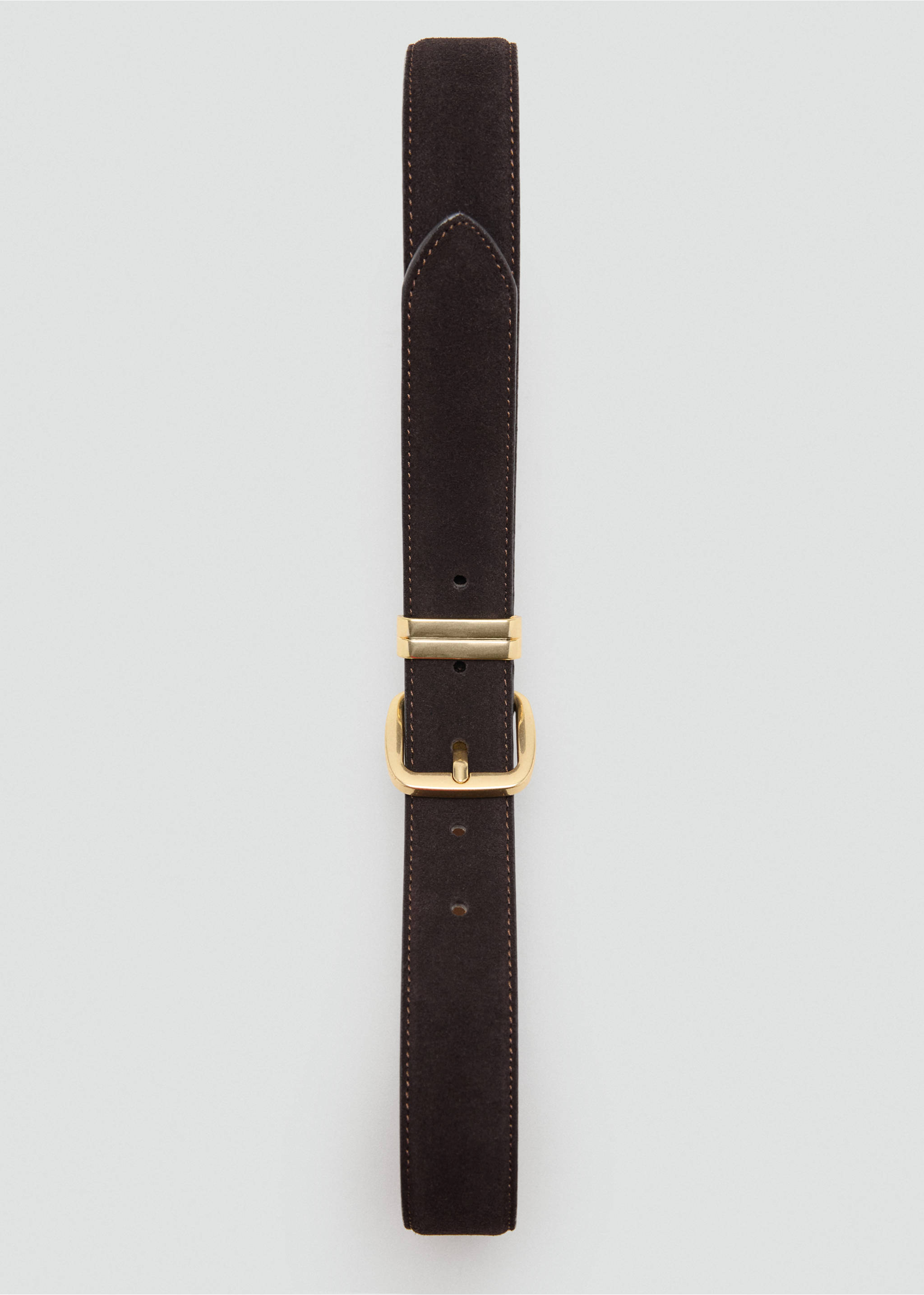 Dark brown suede belt with a gold-coloured metal buckle and double loops., Chocolate. Ref: 47021358-00.