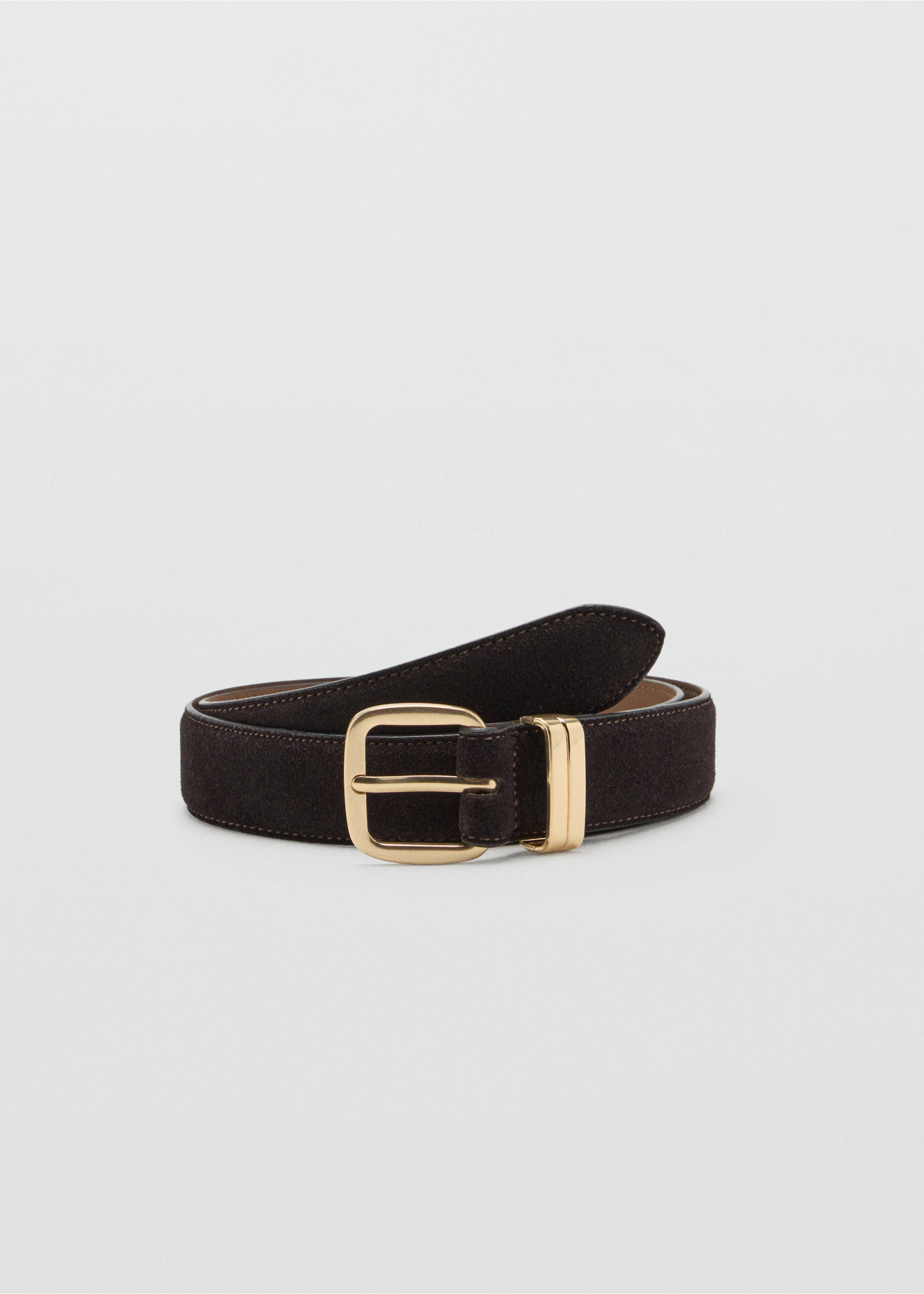 Dark brown suede belt with a polished gold-tone metal buckle., Chocolate. Ref: 47021358-00.