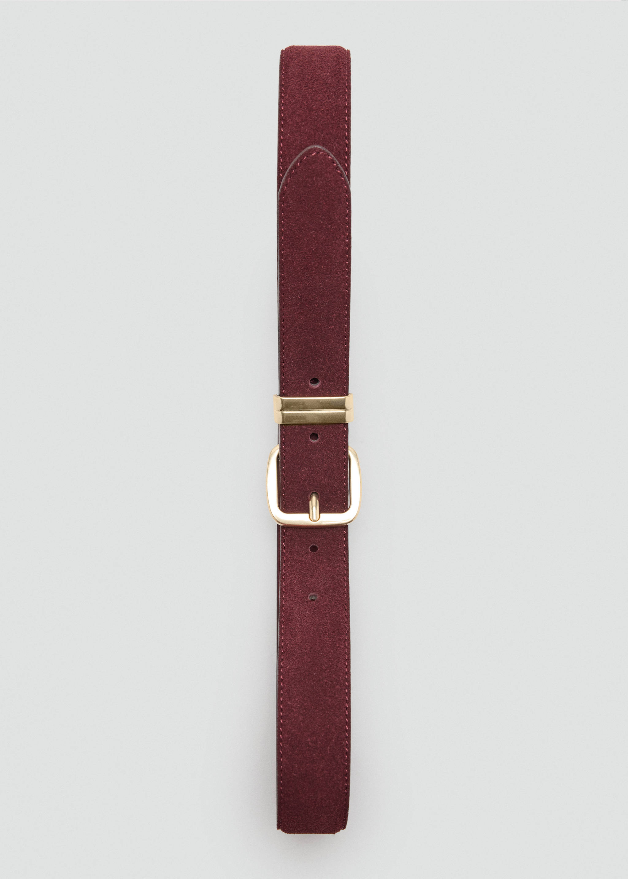 Burgundy suede belt with a gold-coloured metal buckle