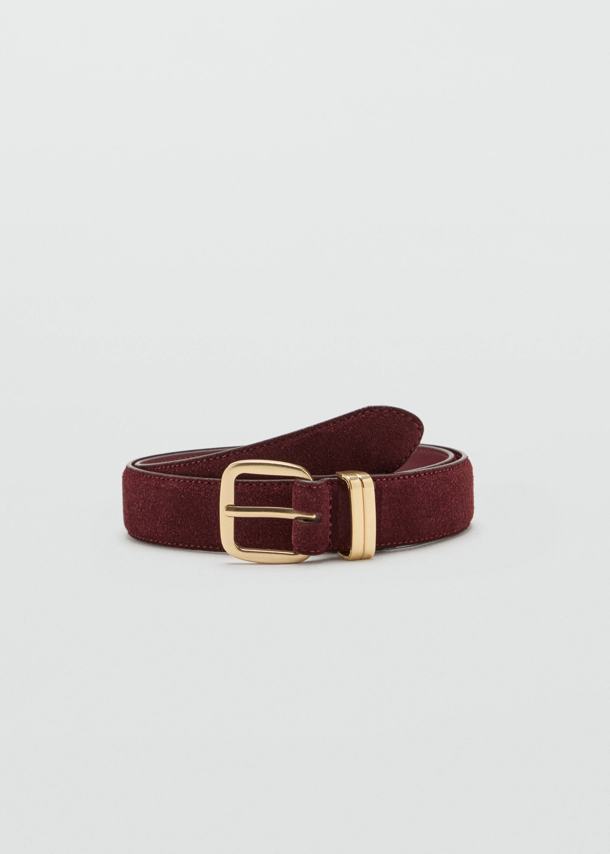 Burgundy suede belt with a rounded gold-tone buckle.