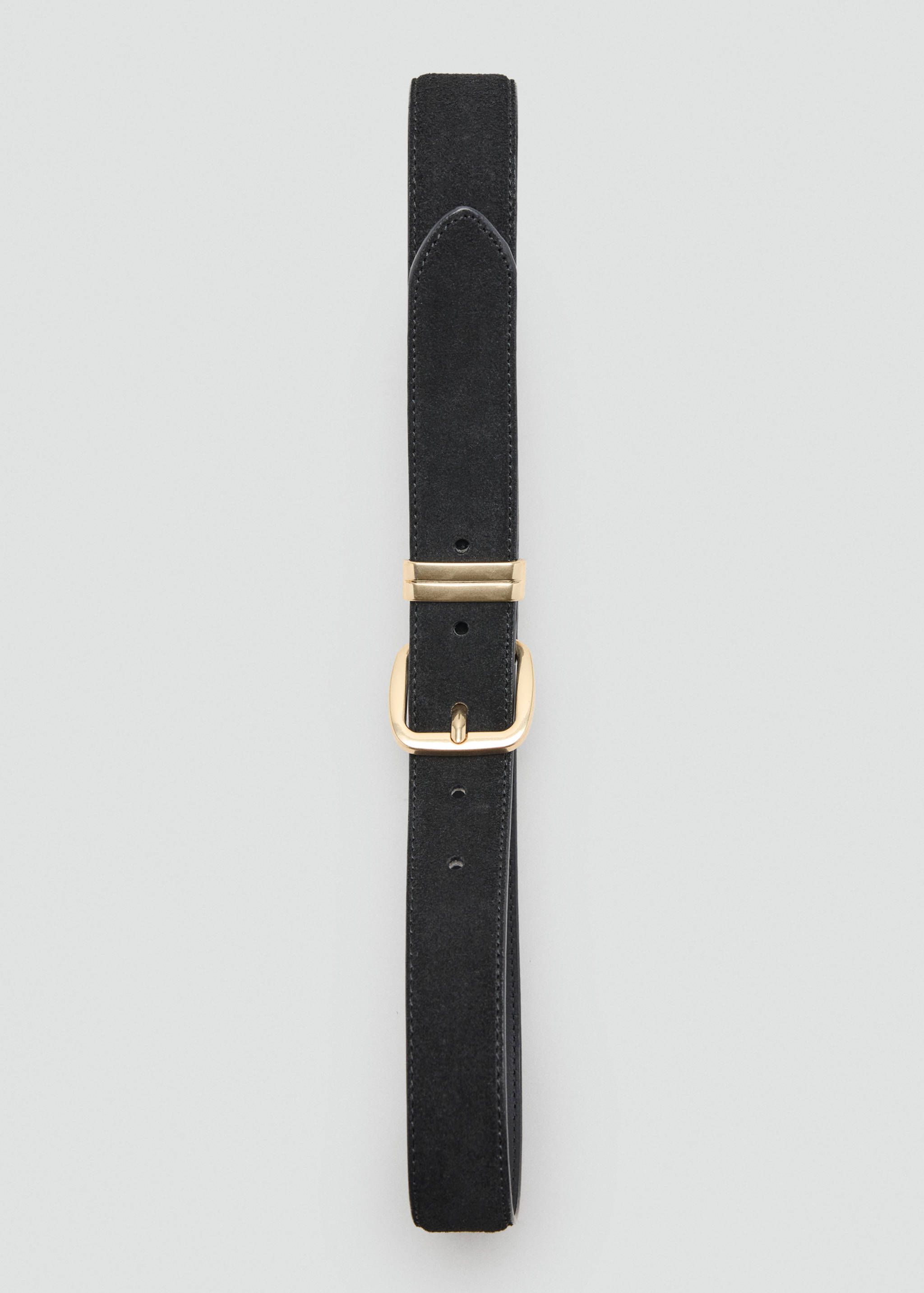 Black suede belt featuring a square gold-coloured metal buckle.