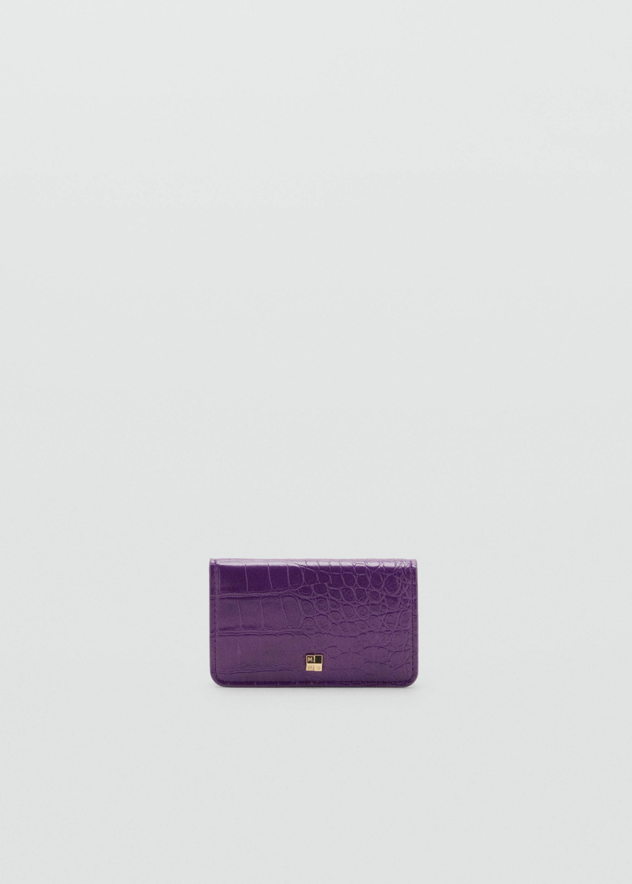 Purple crocodile-effect wallet with a small metallic logo plaque.