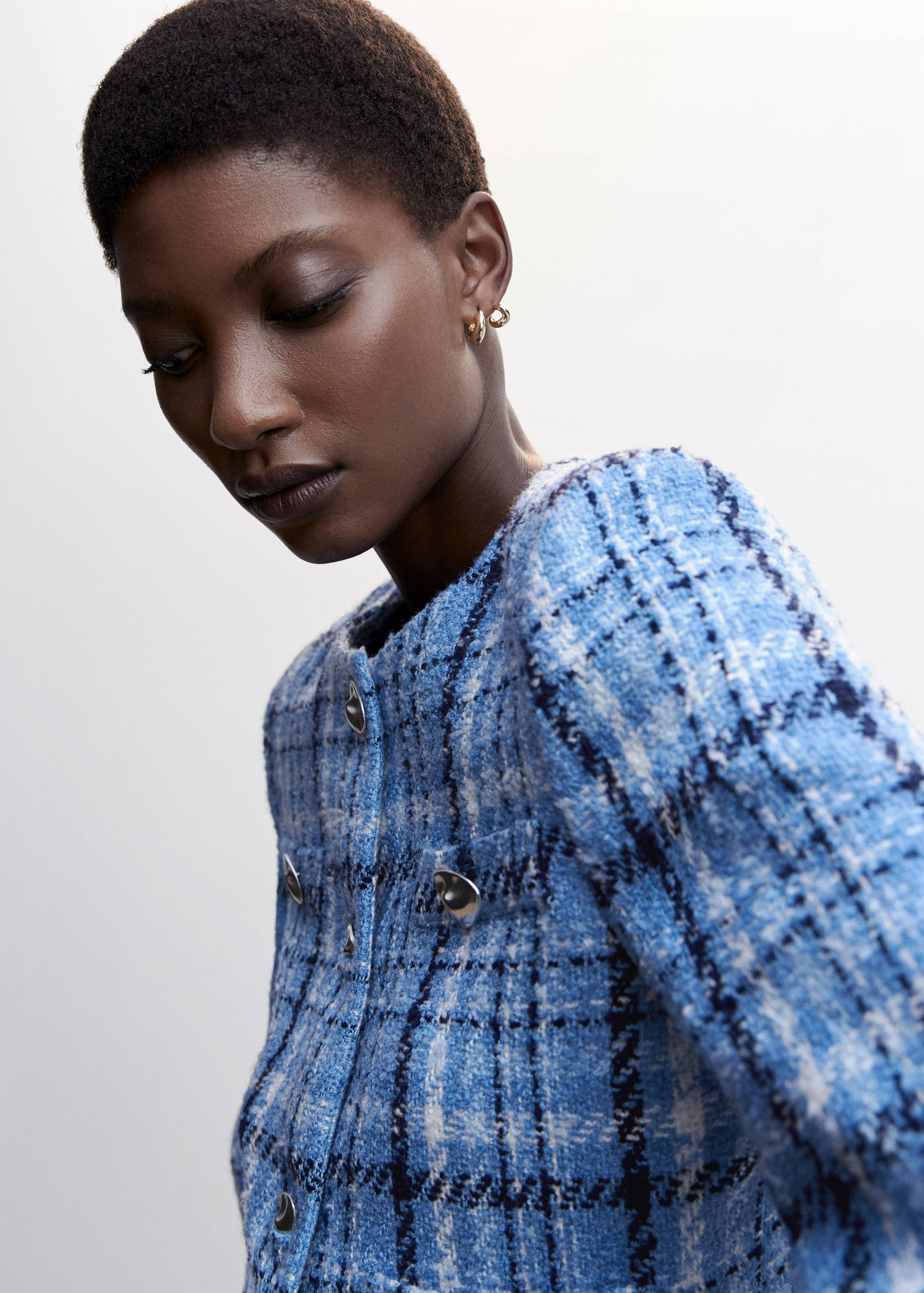 Veste tweed ceinturée en coton mélangé Bleu Maje - Femme | Place des Tendances