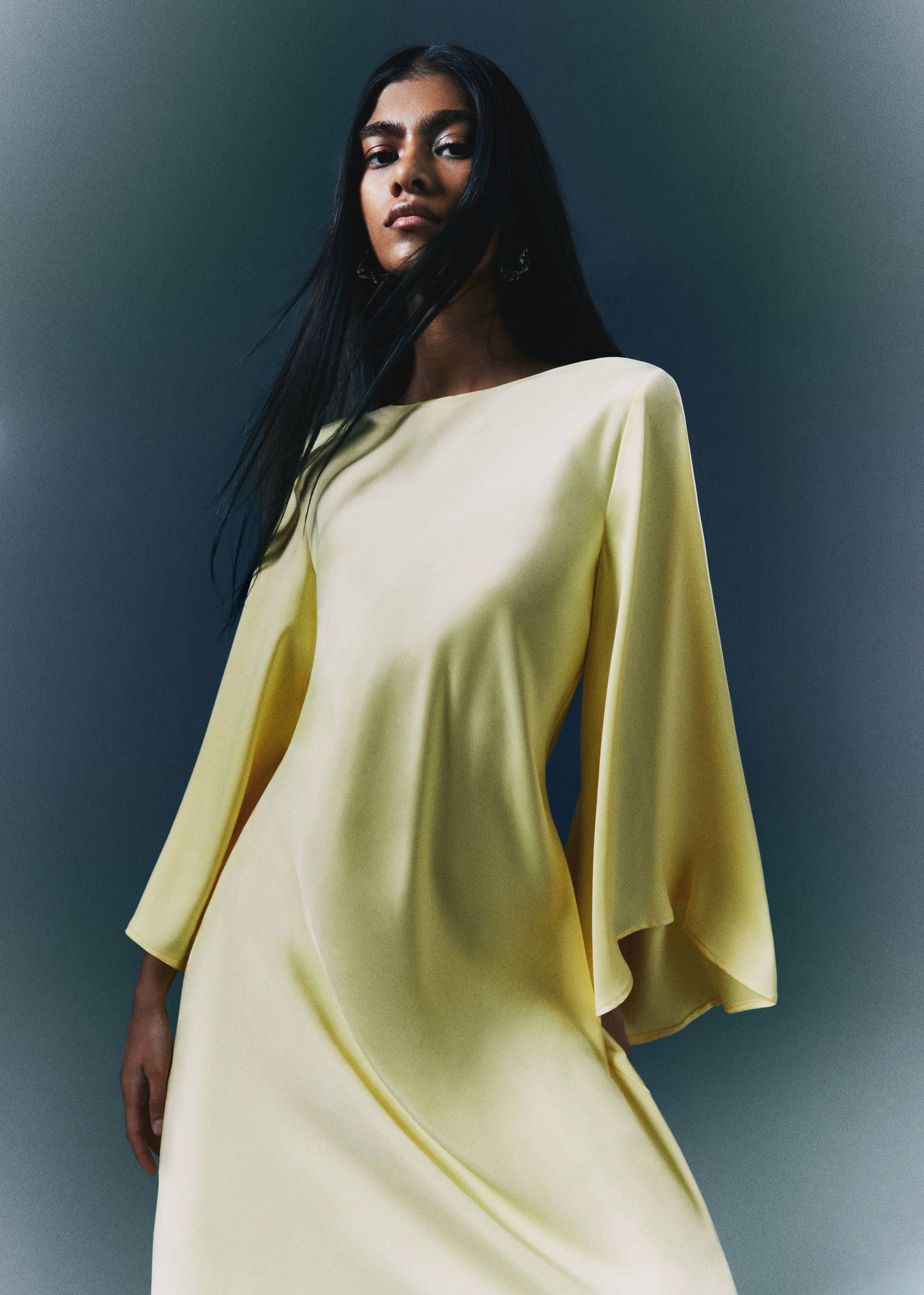 green emerald velvet dress Chic Mock Neck Dramatic Flared Sleeve Mini Dress Mango from Fore