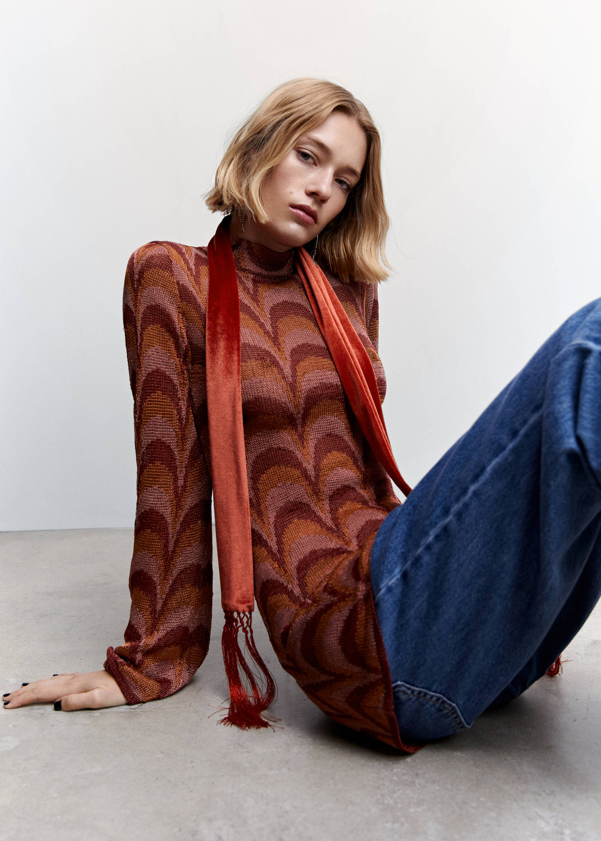 金银线针织连衣裙 - null