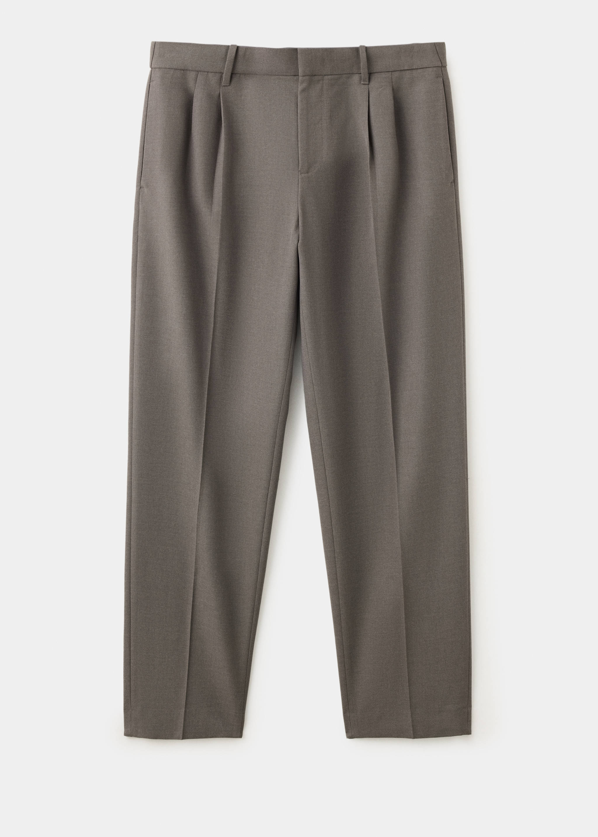 Dark taupe pleated trousers with pressed creases and belt loops.