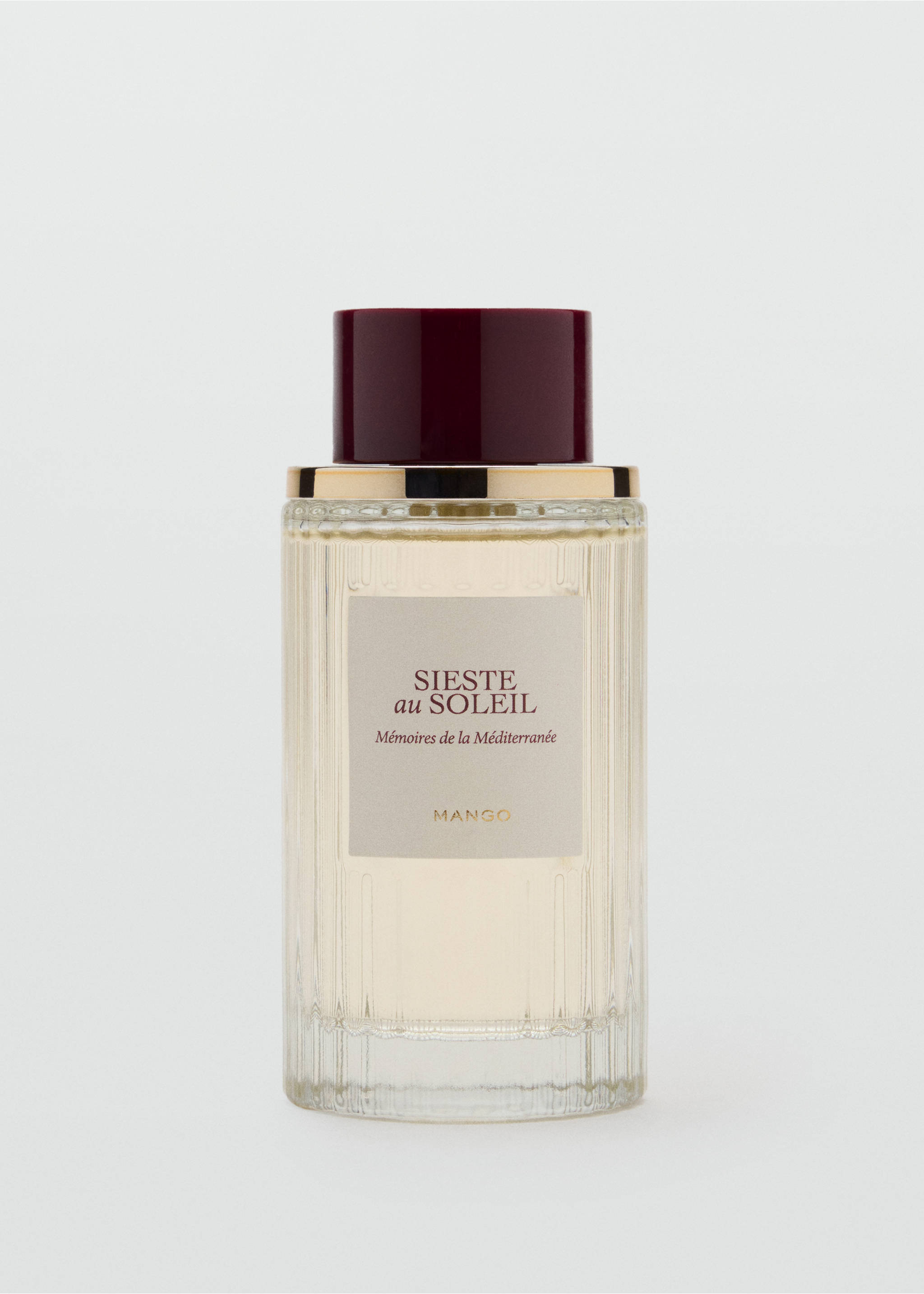 Fluted glass perfume bottle with a burgundy cap and a cream label., Mink Grey. Ref: 47031337-00.