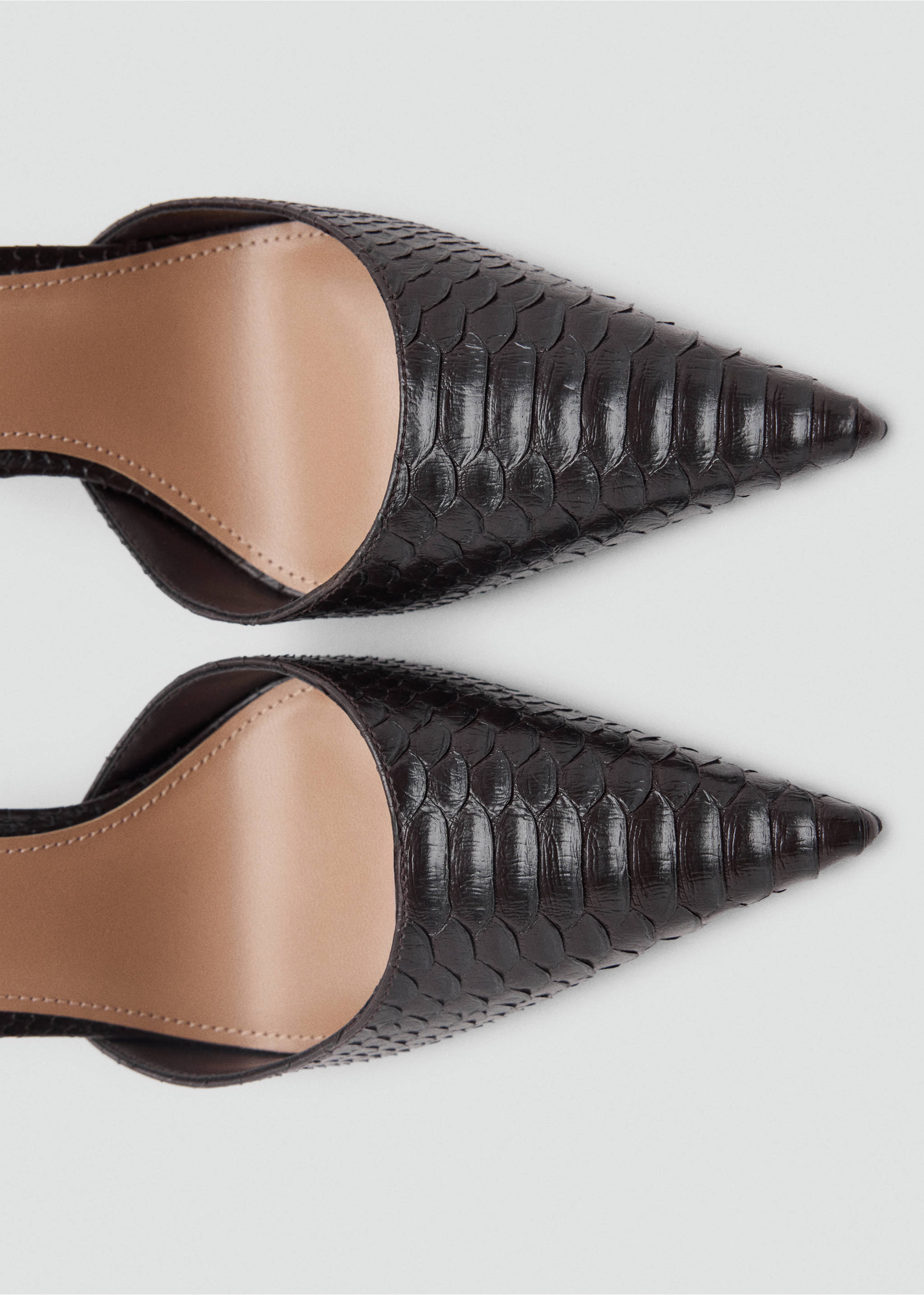 Dark brown pointed-toe shoes with a snakeskin texture and beige inner soles, shown in a close-up., Chocolate. Ref: 47031339-00.