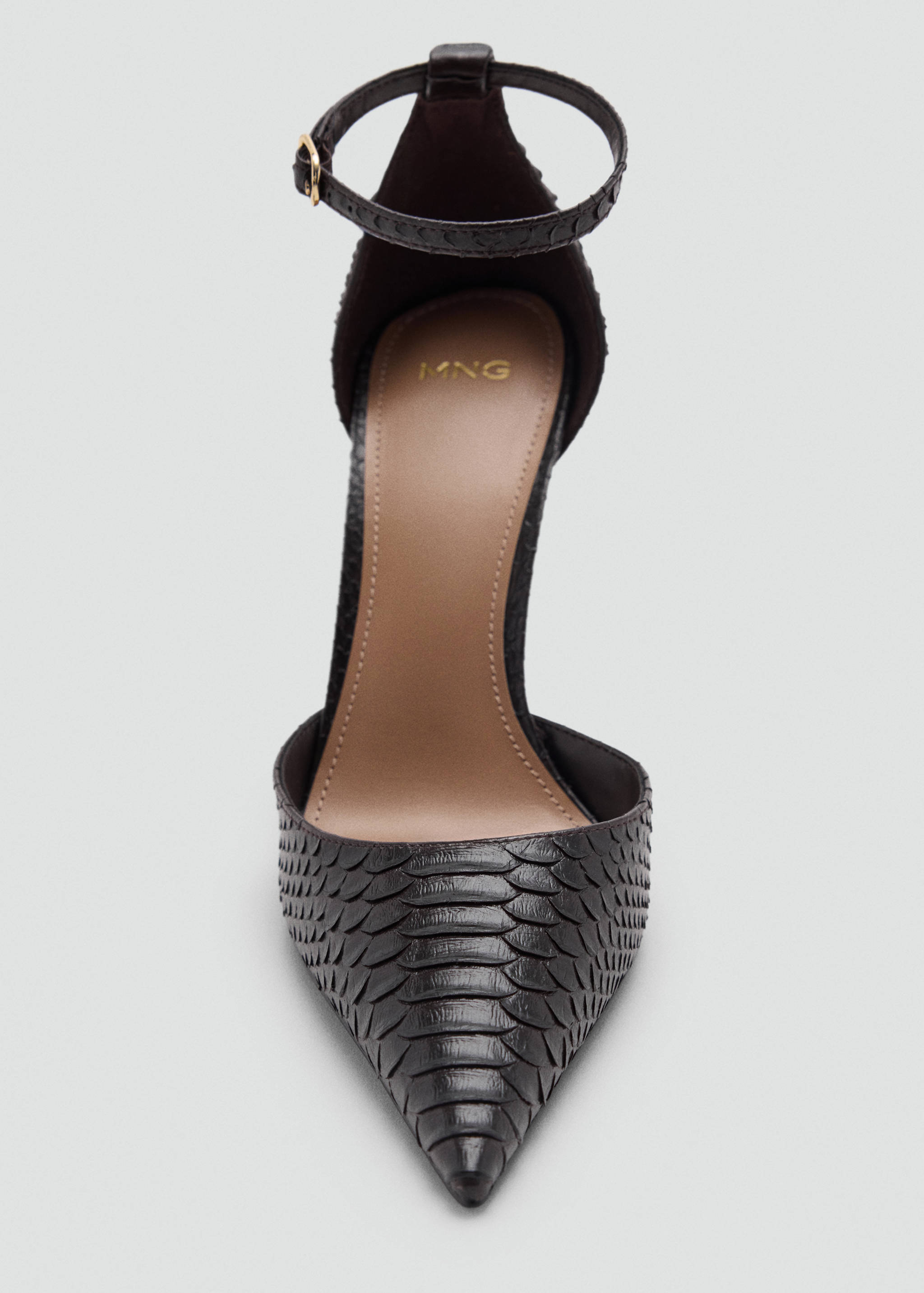 Dark brown pointed-toe high-heeled shoe with snake-effect texture and an ankle strap.