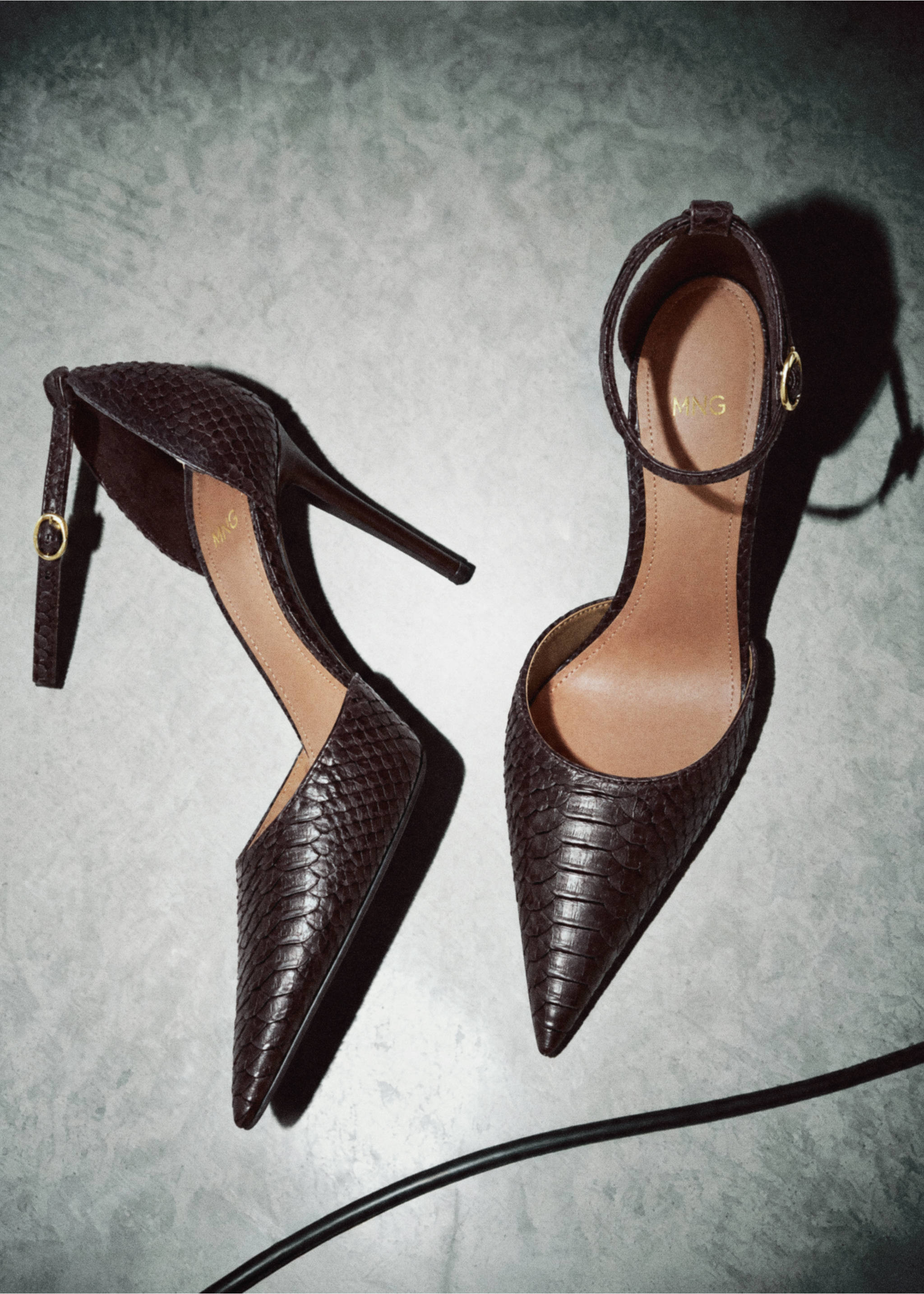 Dark brown snake-effect stiletto shoes with pointed toes and ankle straps., Chocolate. Ref: 47031339-00.