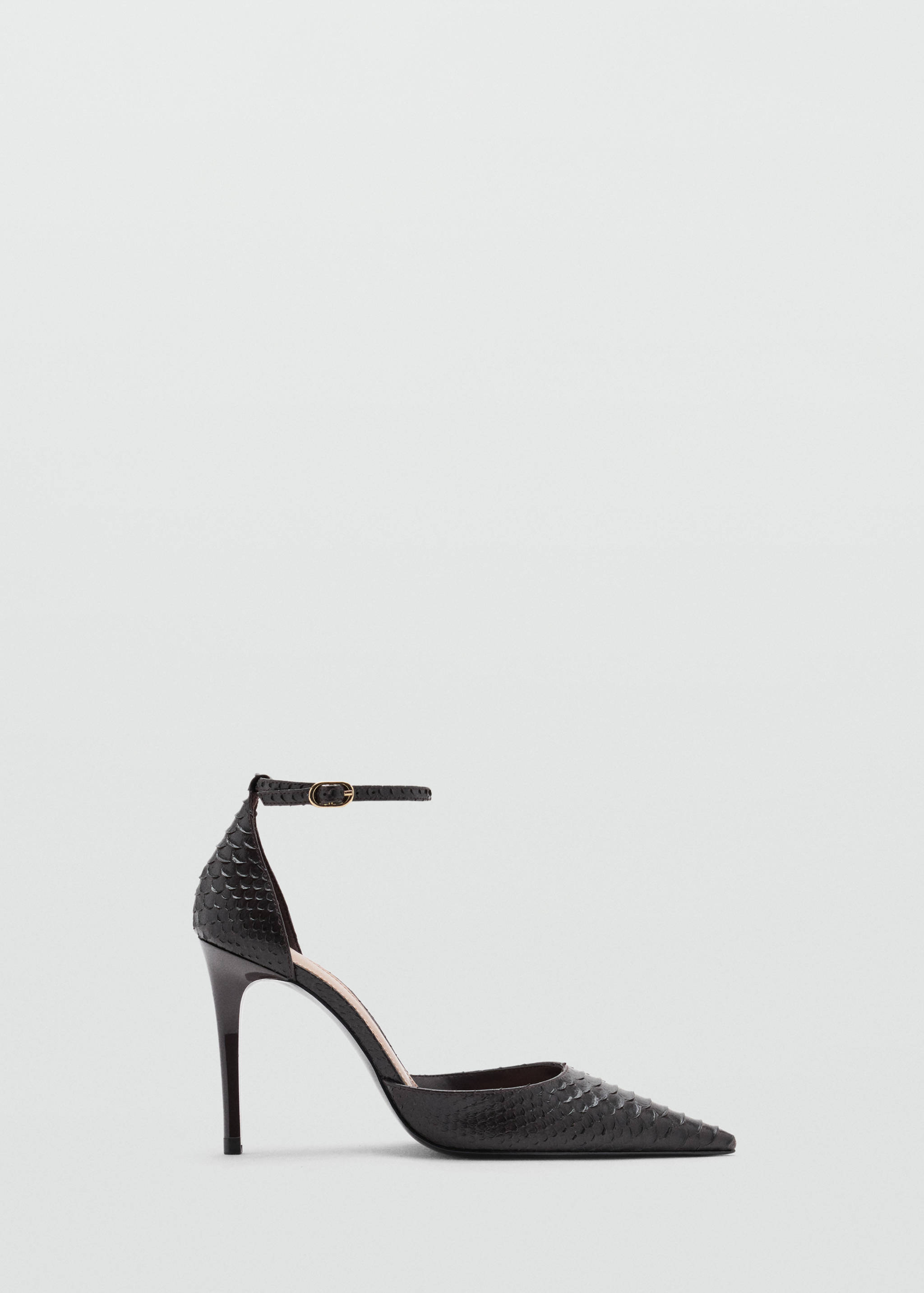 Black stiletto shoe with pointed toe and textured snakeskin pattern.