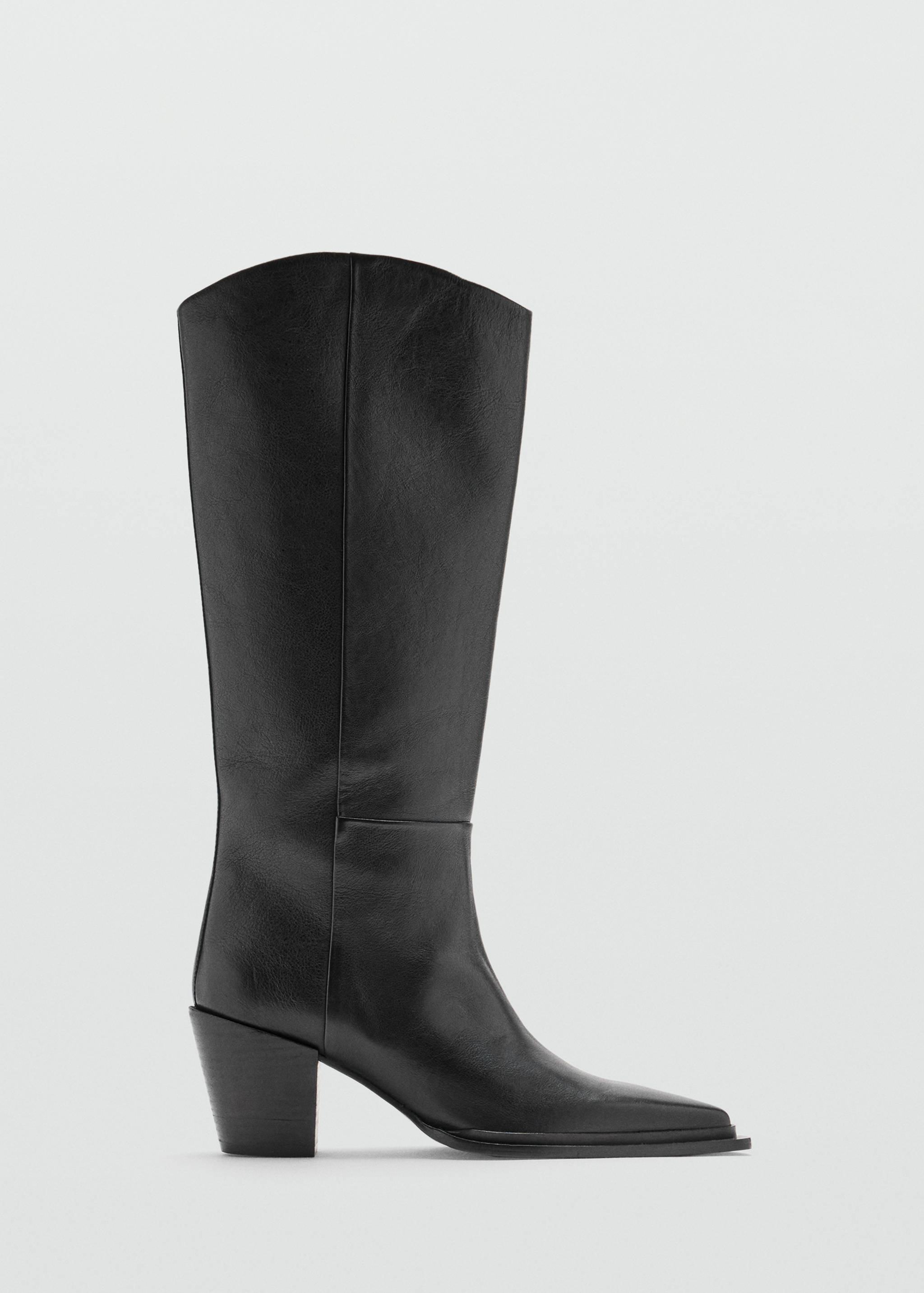 Black leather knee-high boot with a pointed toe and angled block heel.