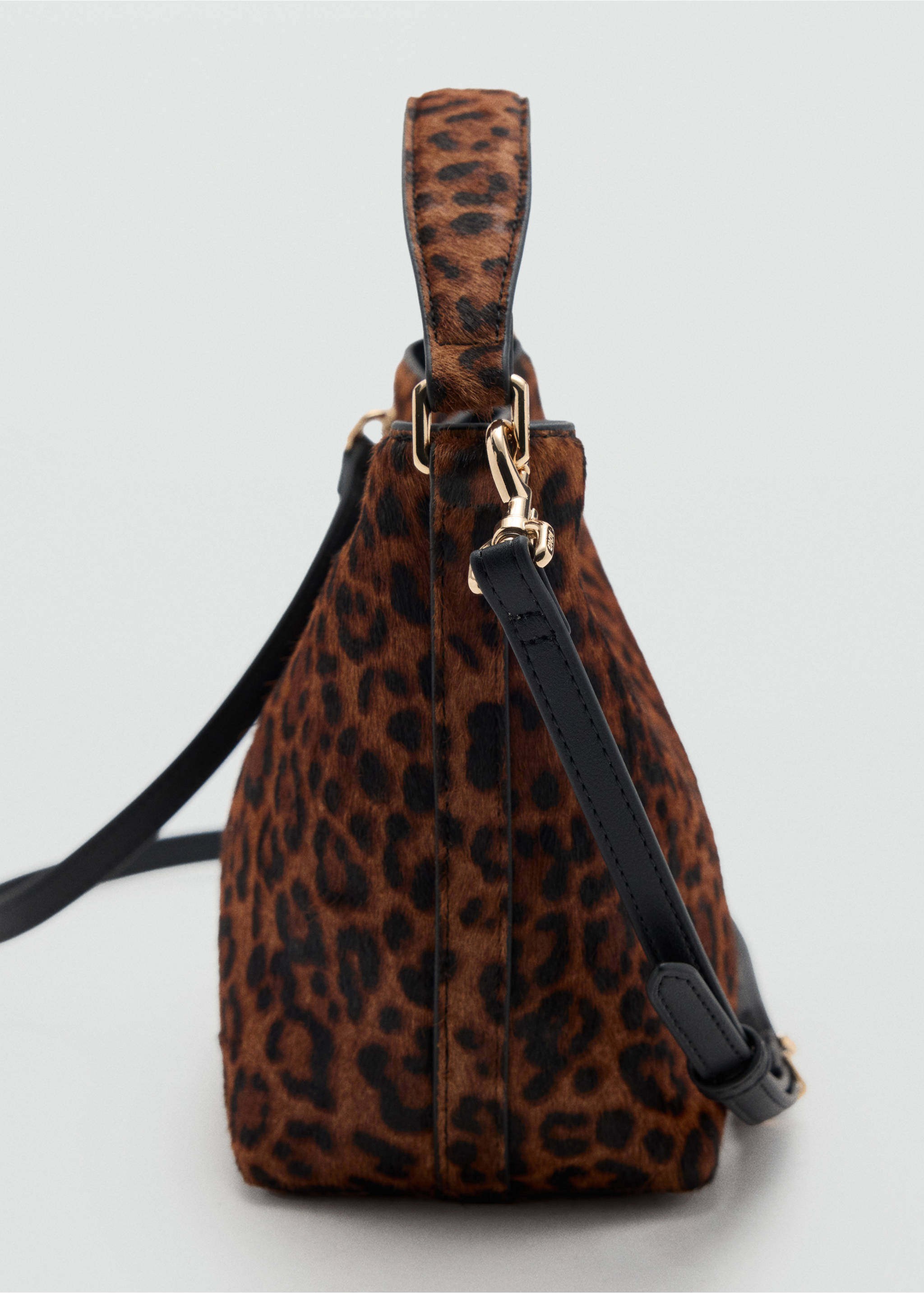 Leopard-print bucket bag with faux-fur texture and gold hardware., Tobacco Brown. Ref: 47031347-00.