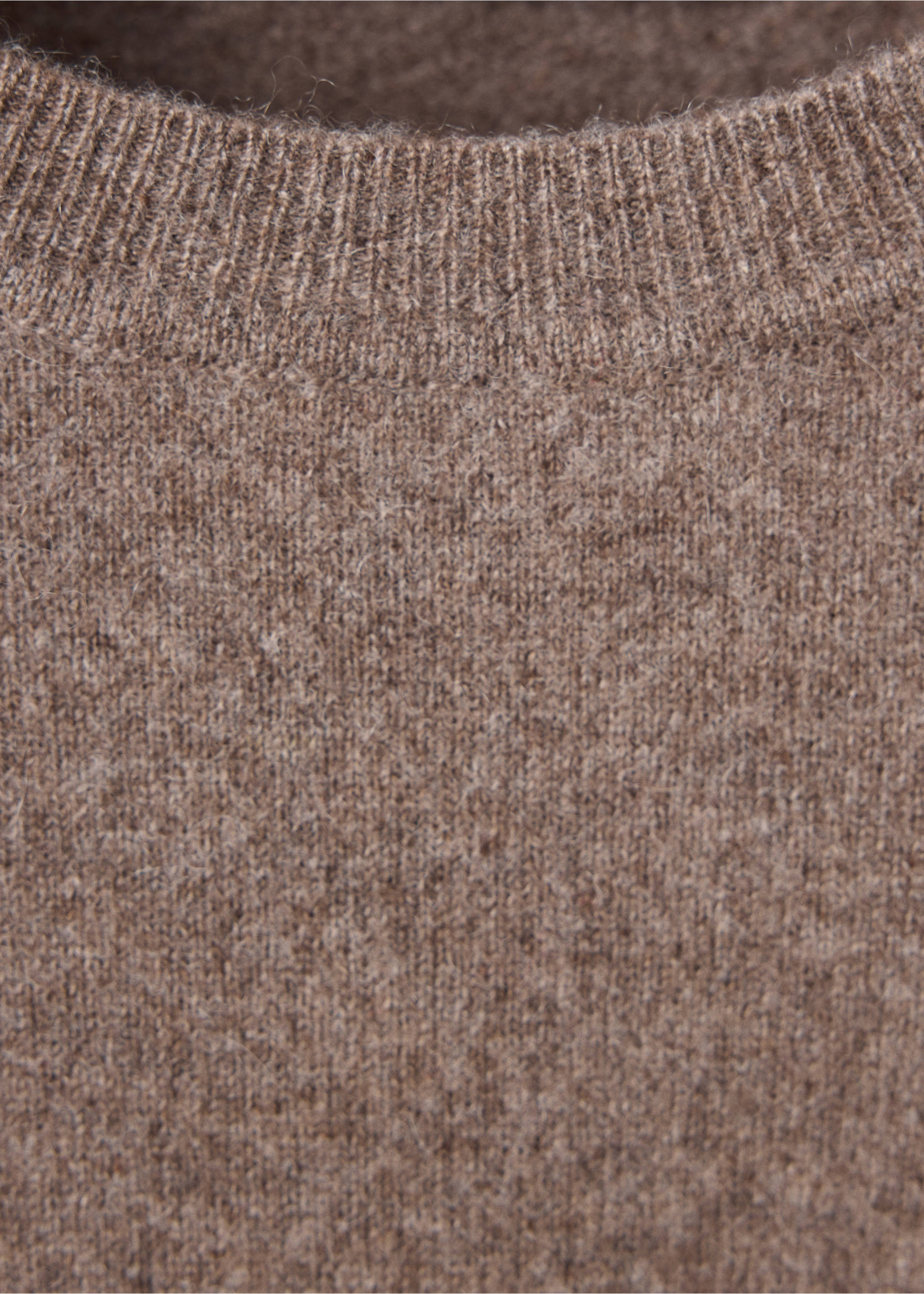 Close-up of a brown knit jersey showing its ribbed crew neckline., Medium Brown. Ref: 47031363-00.