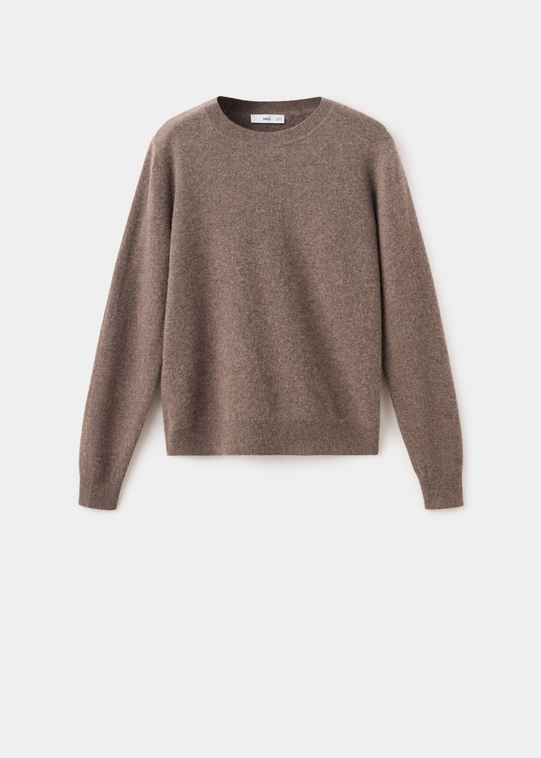 Brown marled knit jumper with a crew neckline and long sleeves.