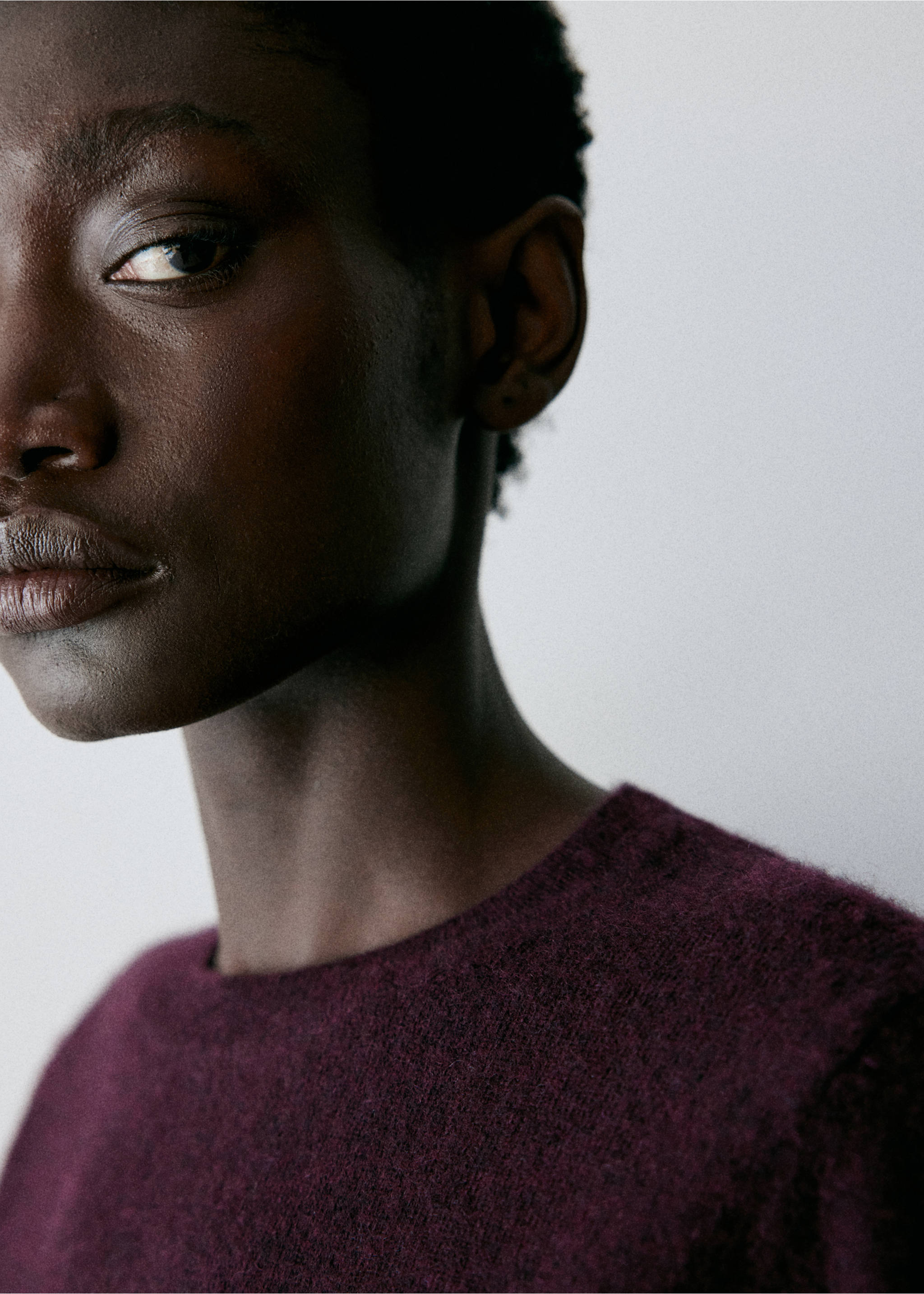 Dark plum purple knitted jumper with a round neckline, shown in close-up., Wine. Ref: 47031363-00.