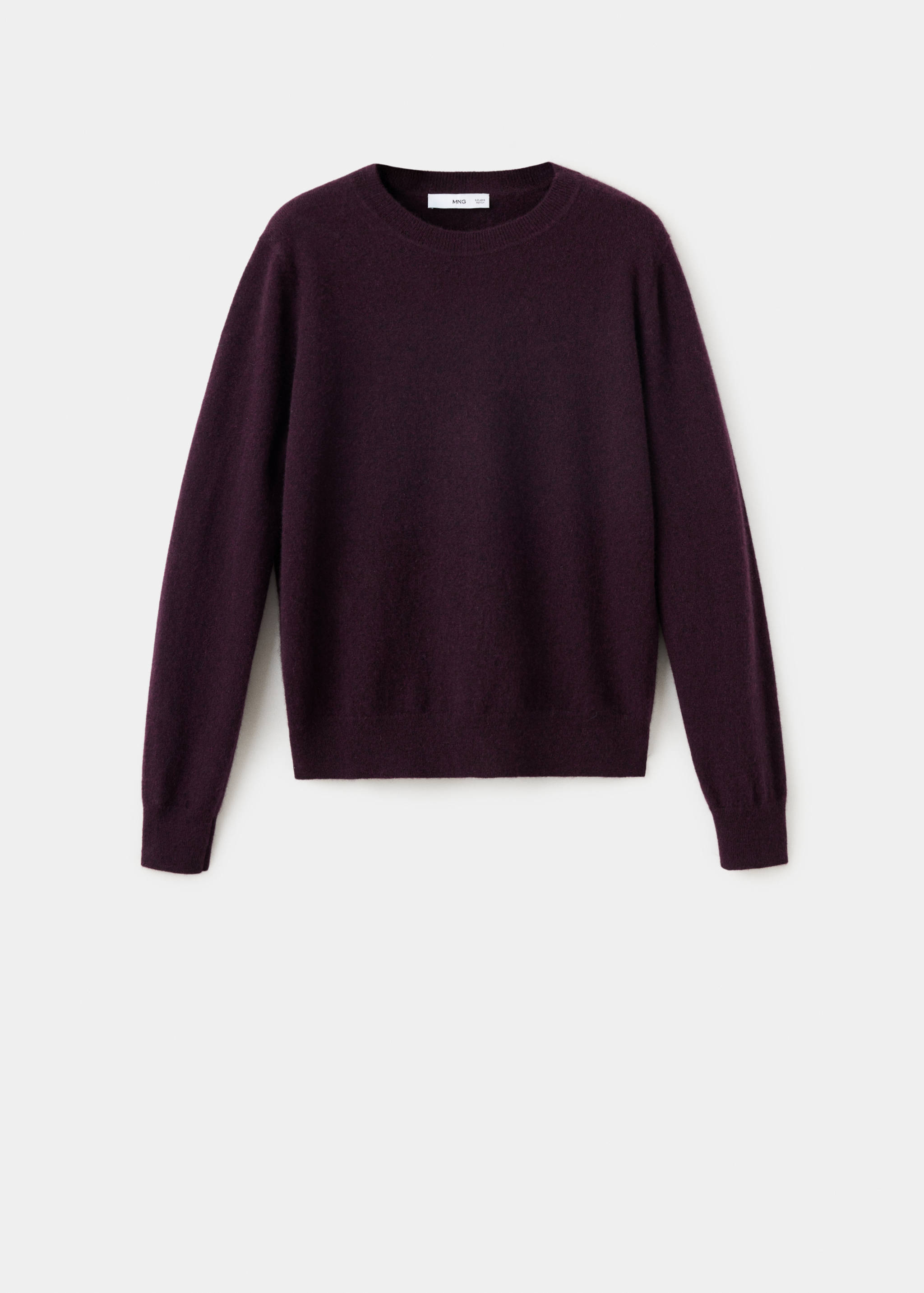 Dark plum crew neck jersey sweater with long sleeves and ribbed trims.