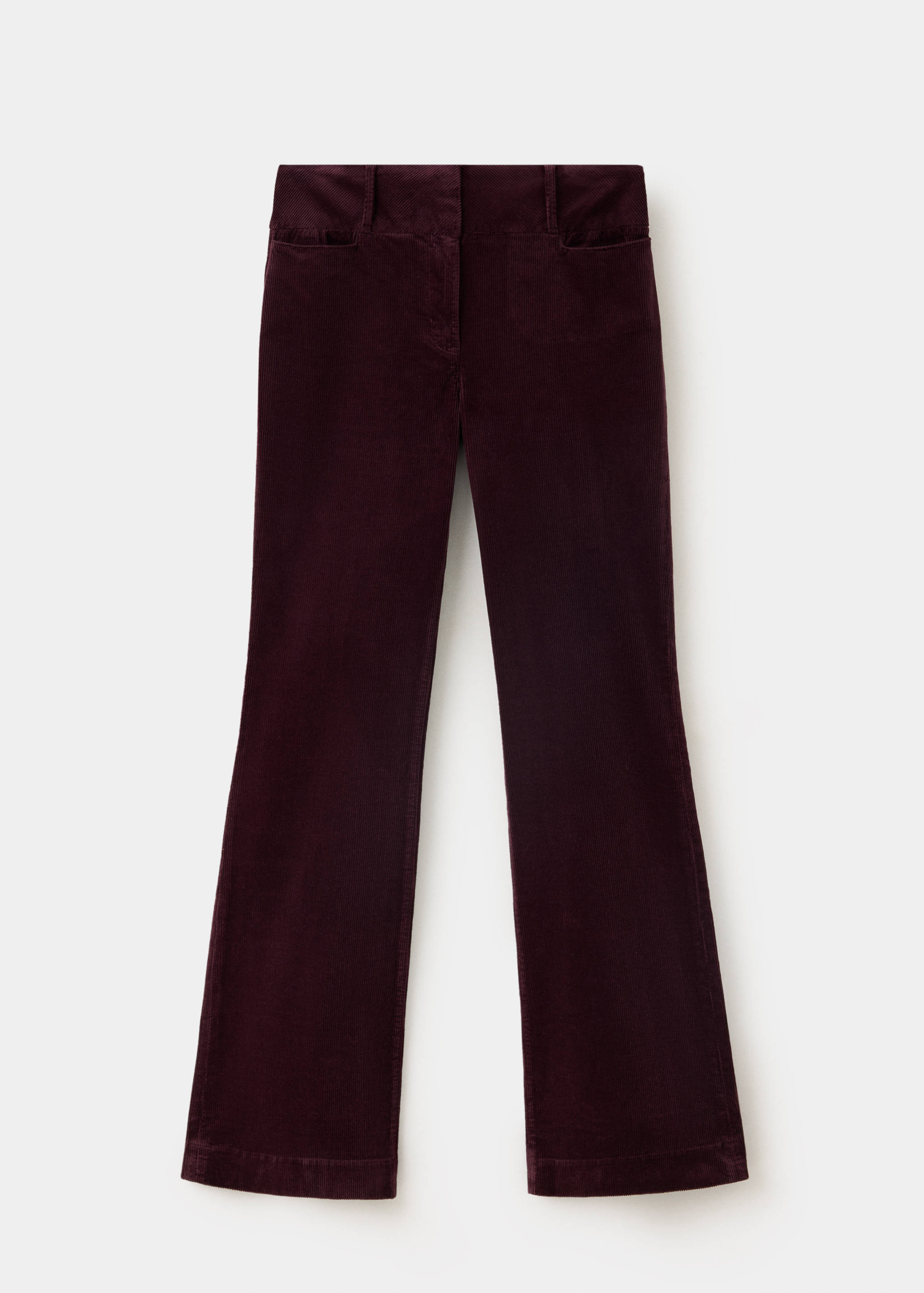 Burgundy corduroy trousers with a straight waistband and belt loops.