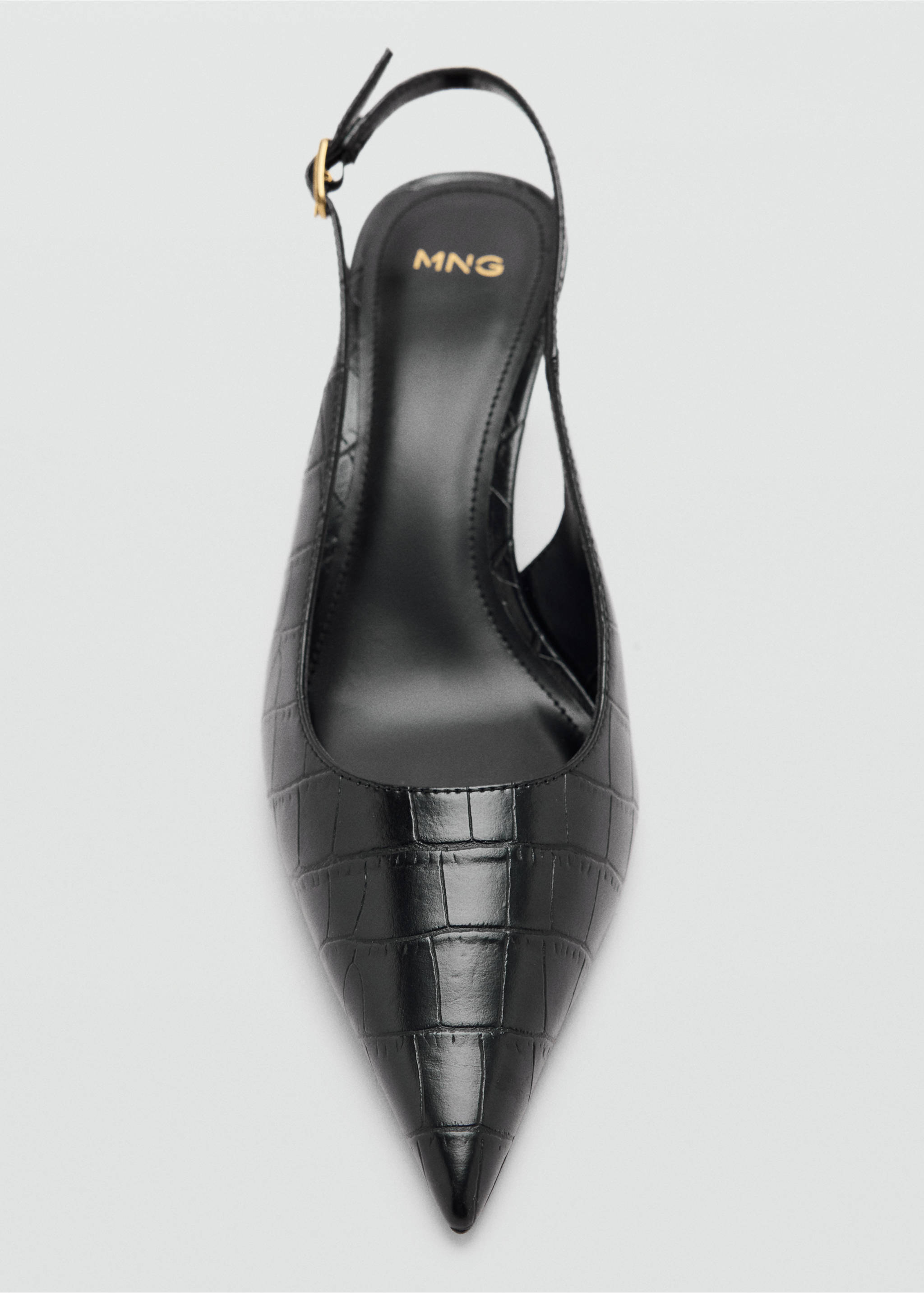 Black crocodile-embossed slingback shoe with a pointed toe., Black. Ref: 47041334-00.