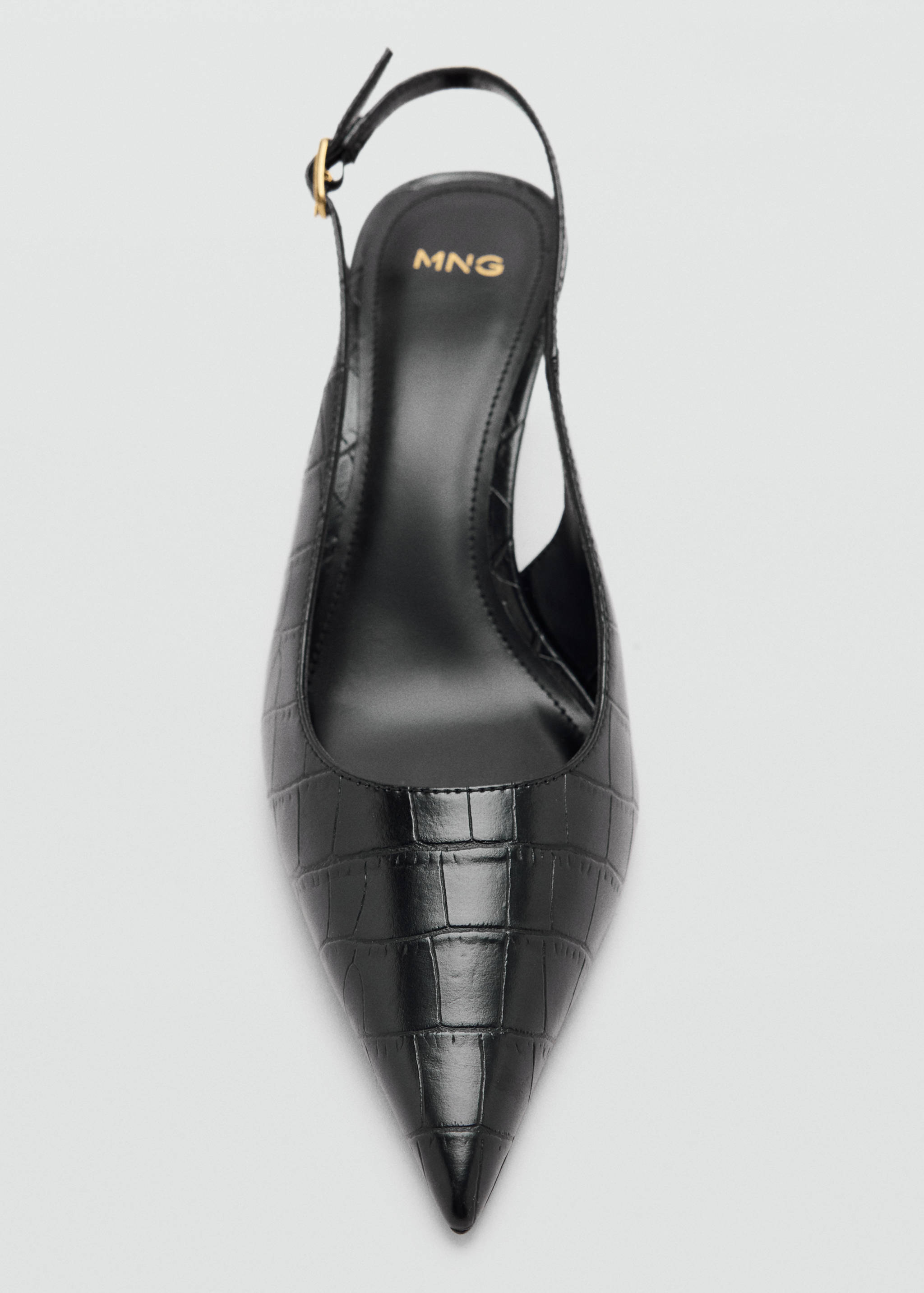 Black crocodile-embossed slingback shoe with a pointed toe.