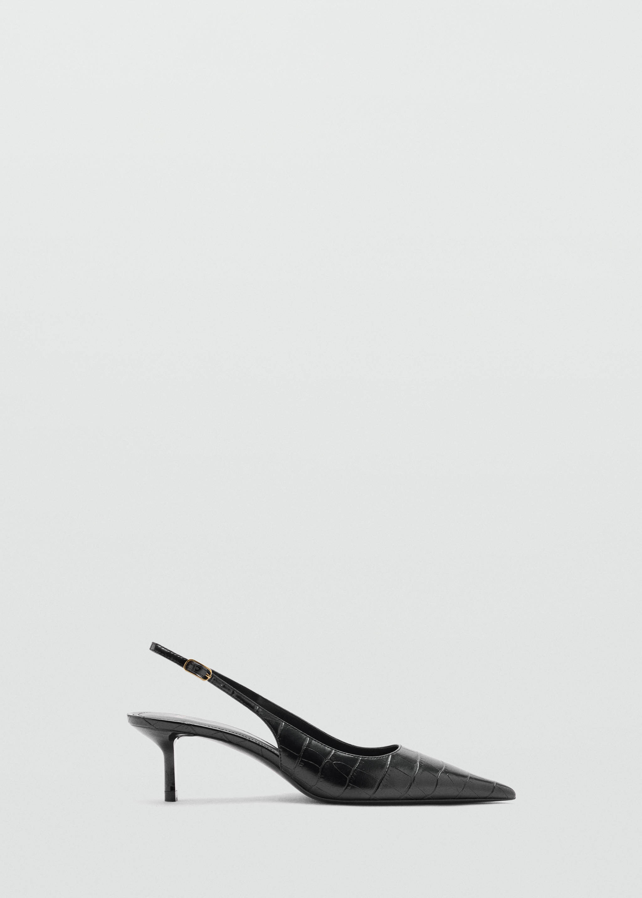 Black embossed slingback shoes with a pointed toe and kitten heel.