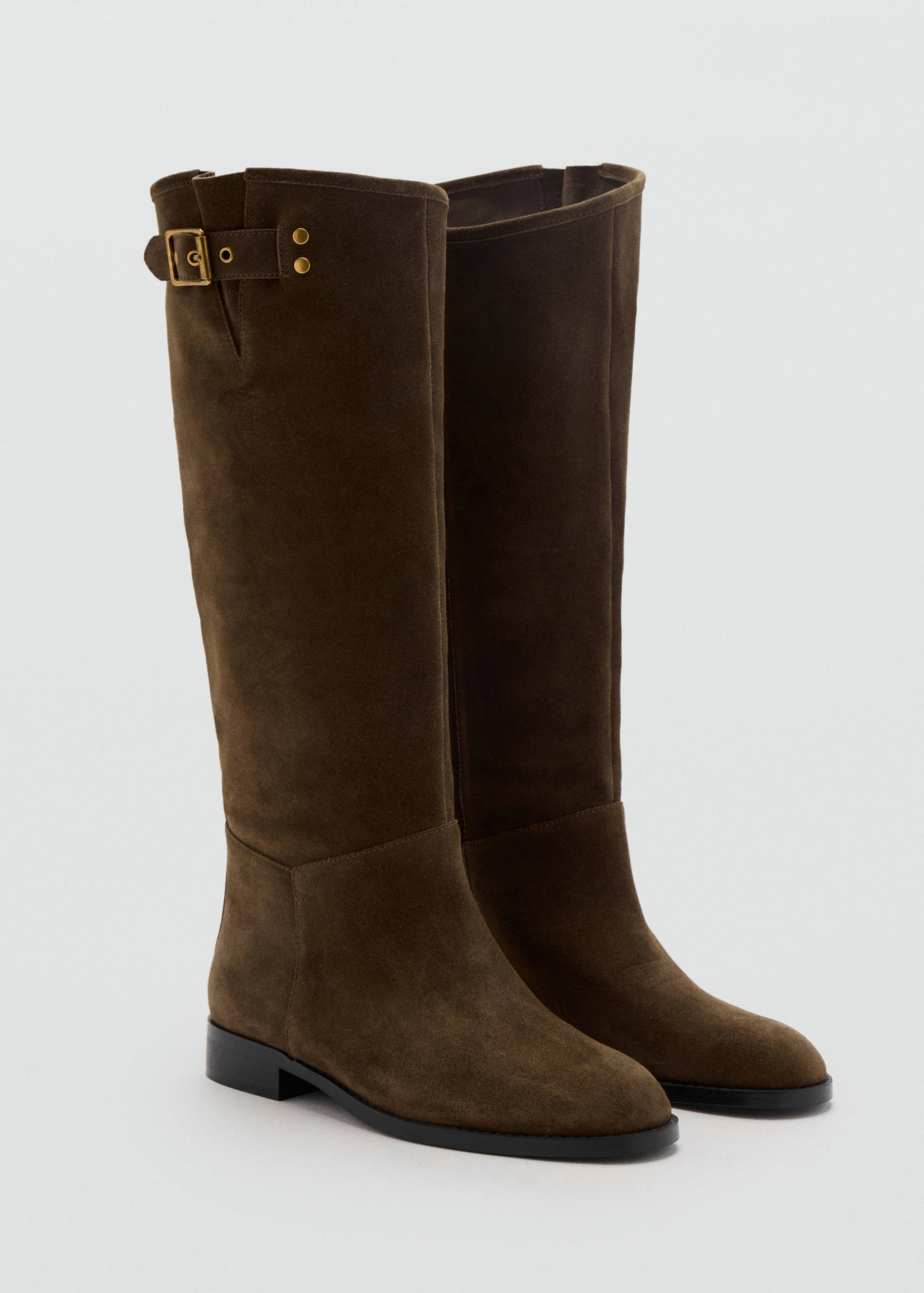 Dark brown suede knee-high boots with a buckle detail.