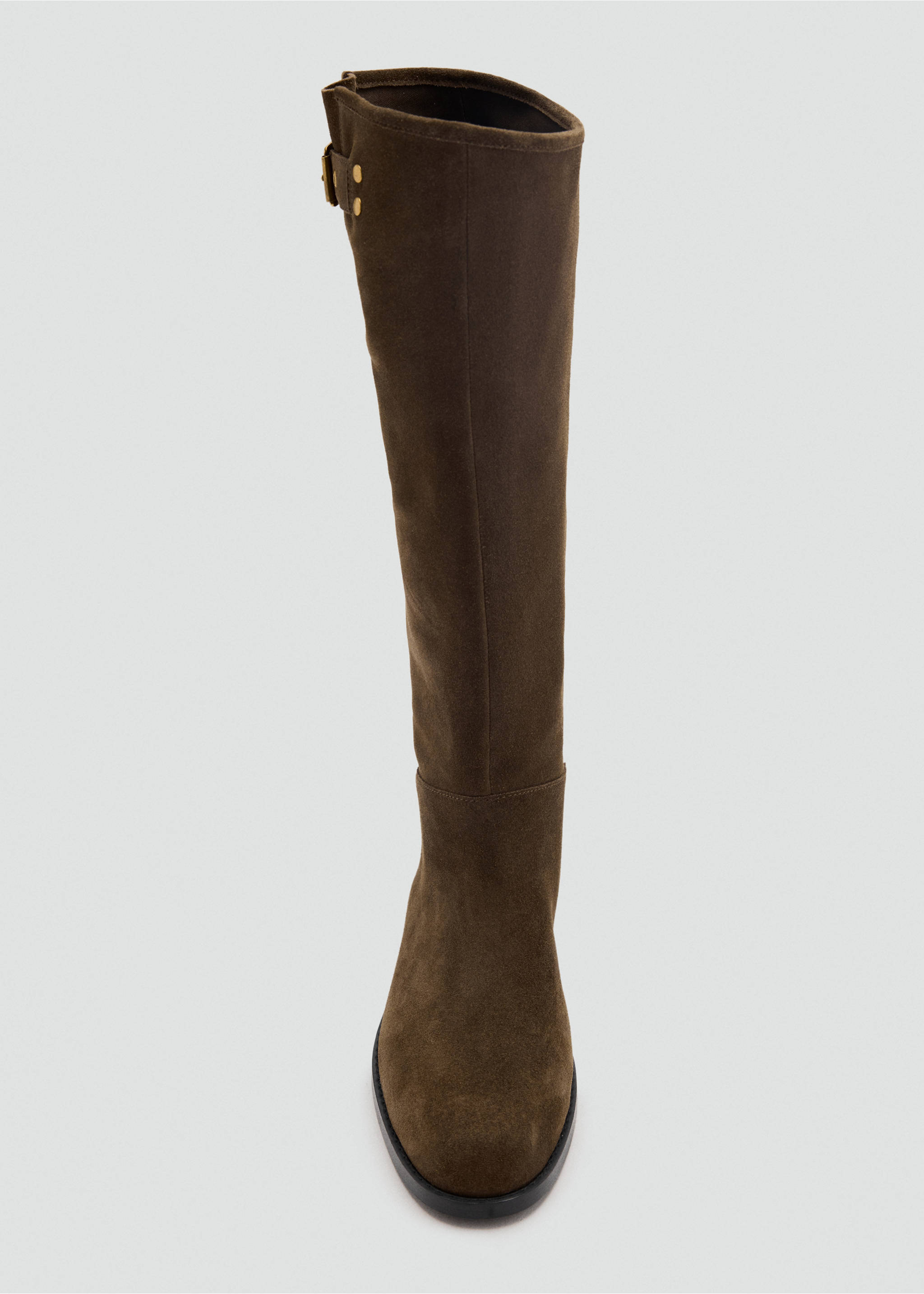 Dark olive green suede knee-high boot with a buckle and stud detail., Medium Brown. Ref: 47041337-00.